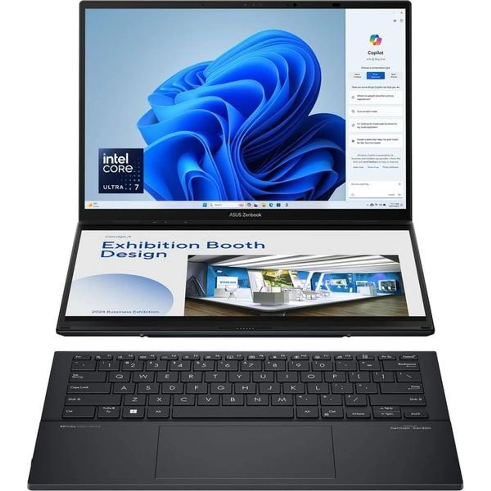 Asus Zenbook Duo OLED (2023) Ultrabook – 1st Series / Intel Core Ultra 7-155H / 14inch 3K OLED / 1TB SSD / 16GB RAM / Shared Intel Arc Graphics / Windows 11 Home / Inkwell Gray – [UX8406MA-OLEDI7IG]