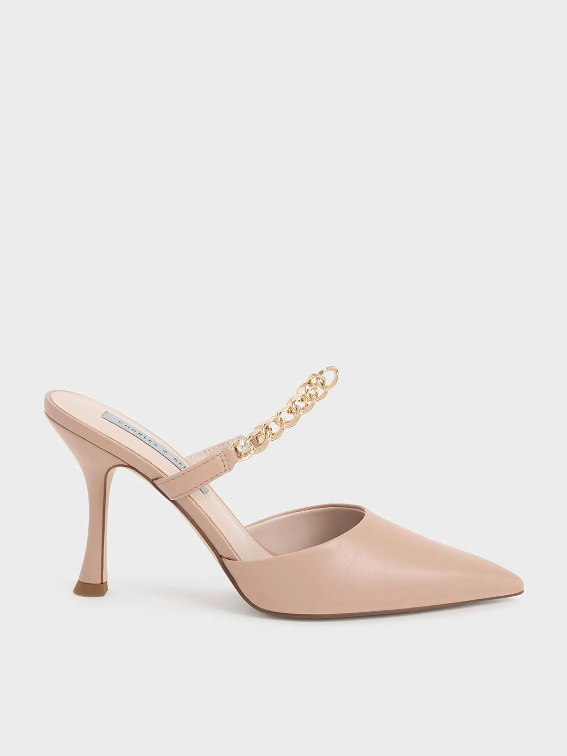 Chain-Link Strap Heeled Mules - Nude