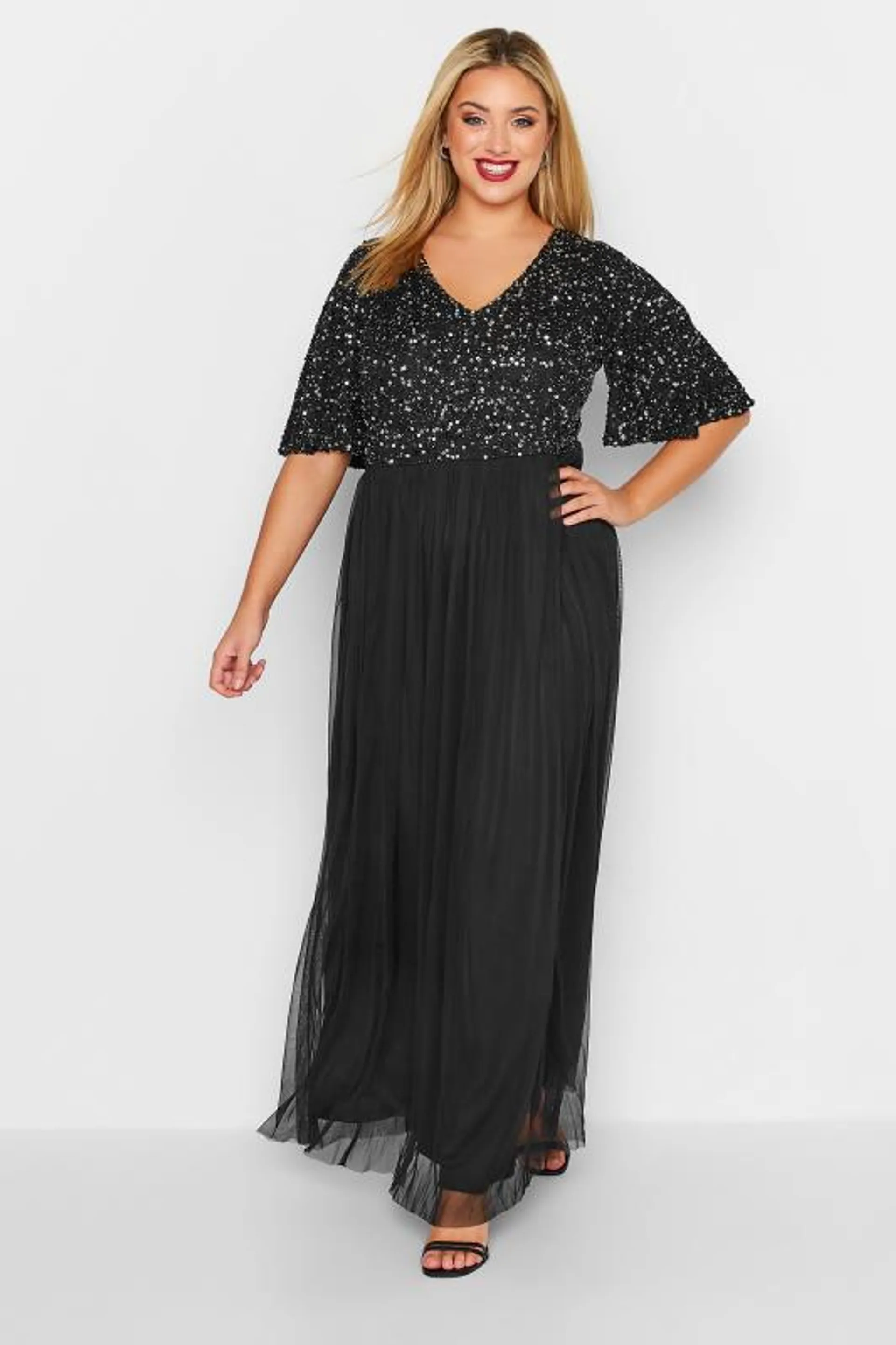 LUXE Curve Black Angel Sequin Sleeve Maxi Dress