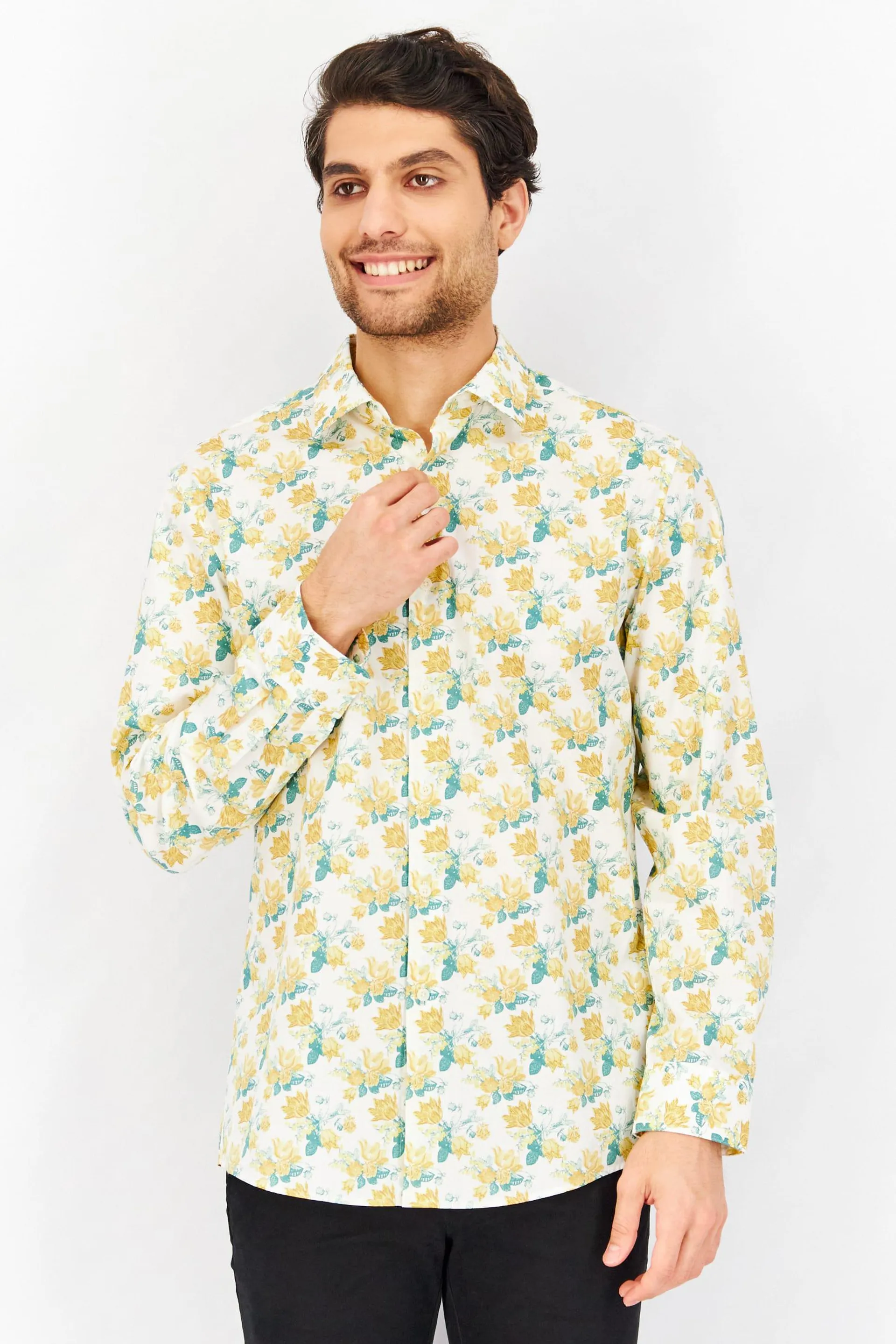 Men Slim Fit Allover Print Long Sleeve Dress Shirt, White/Yellow/Green