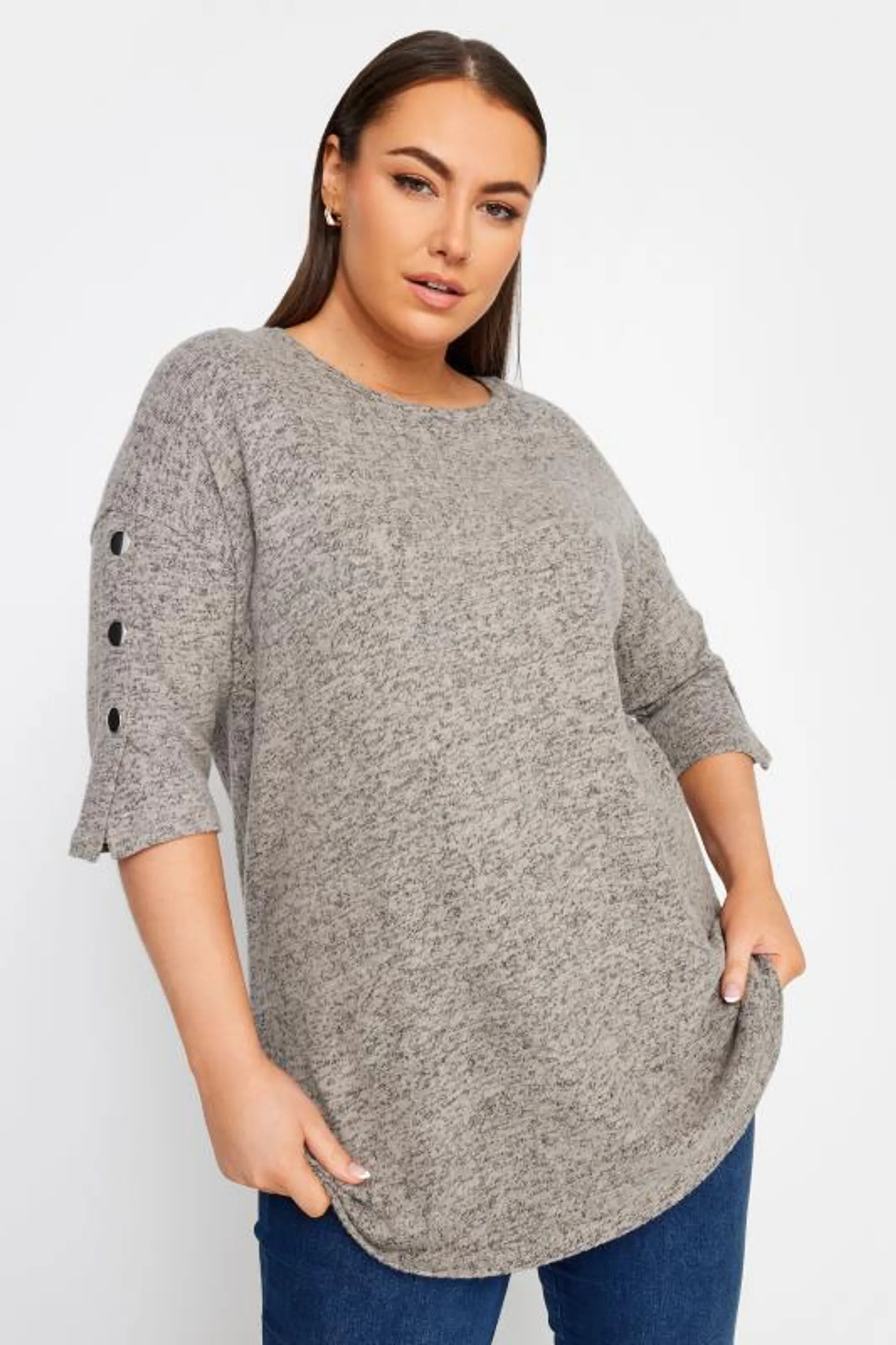 YOURS Curve Grey Button Sleeve Soft Touch Jumper