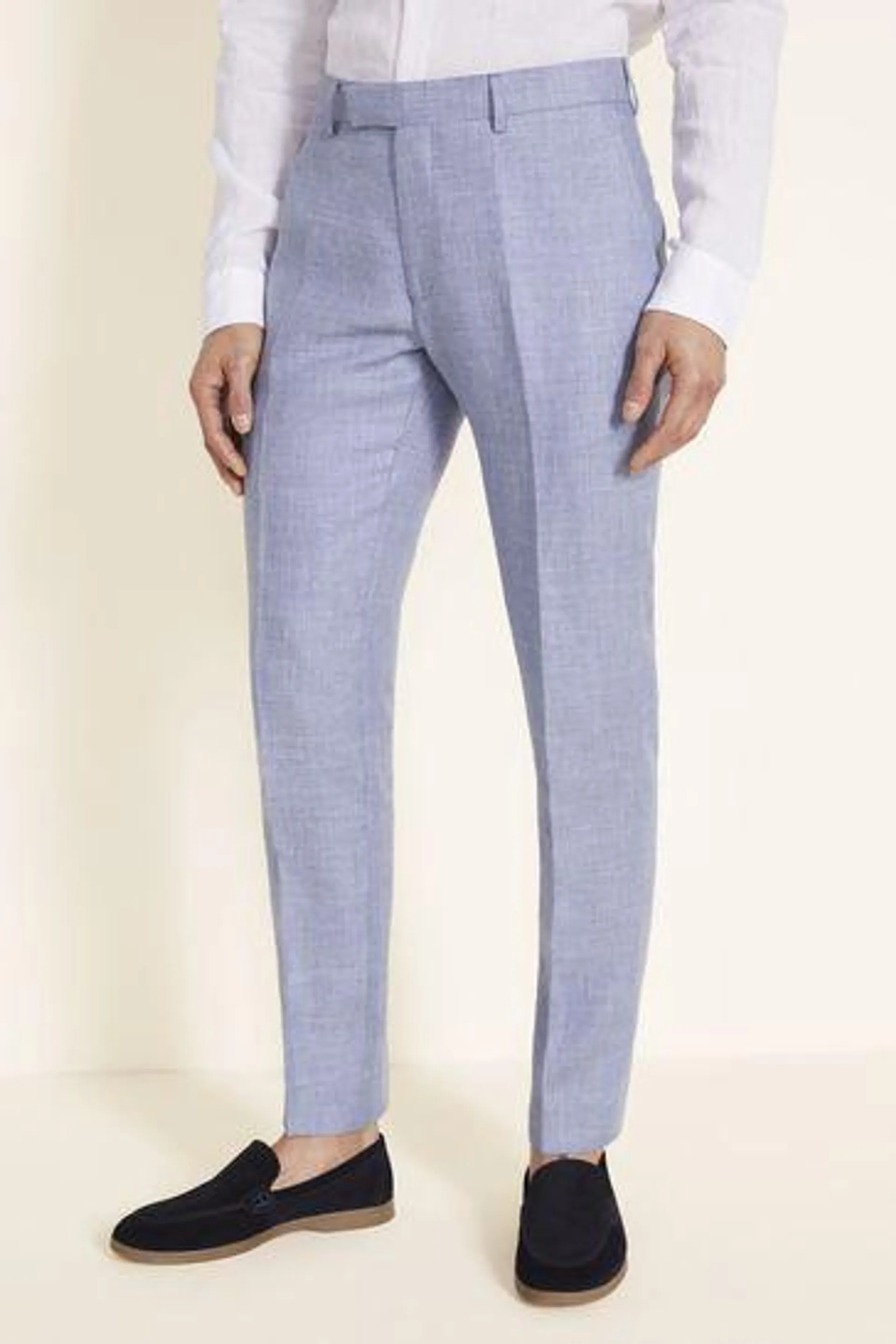 MOSS Blue Tailored Fit Dusty Linen Trousers