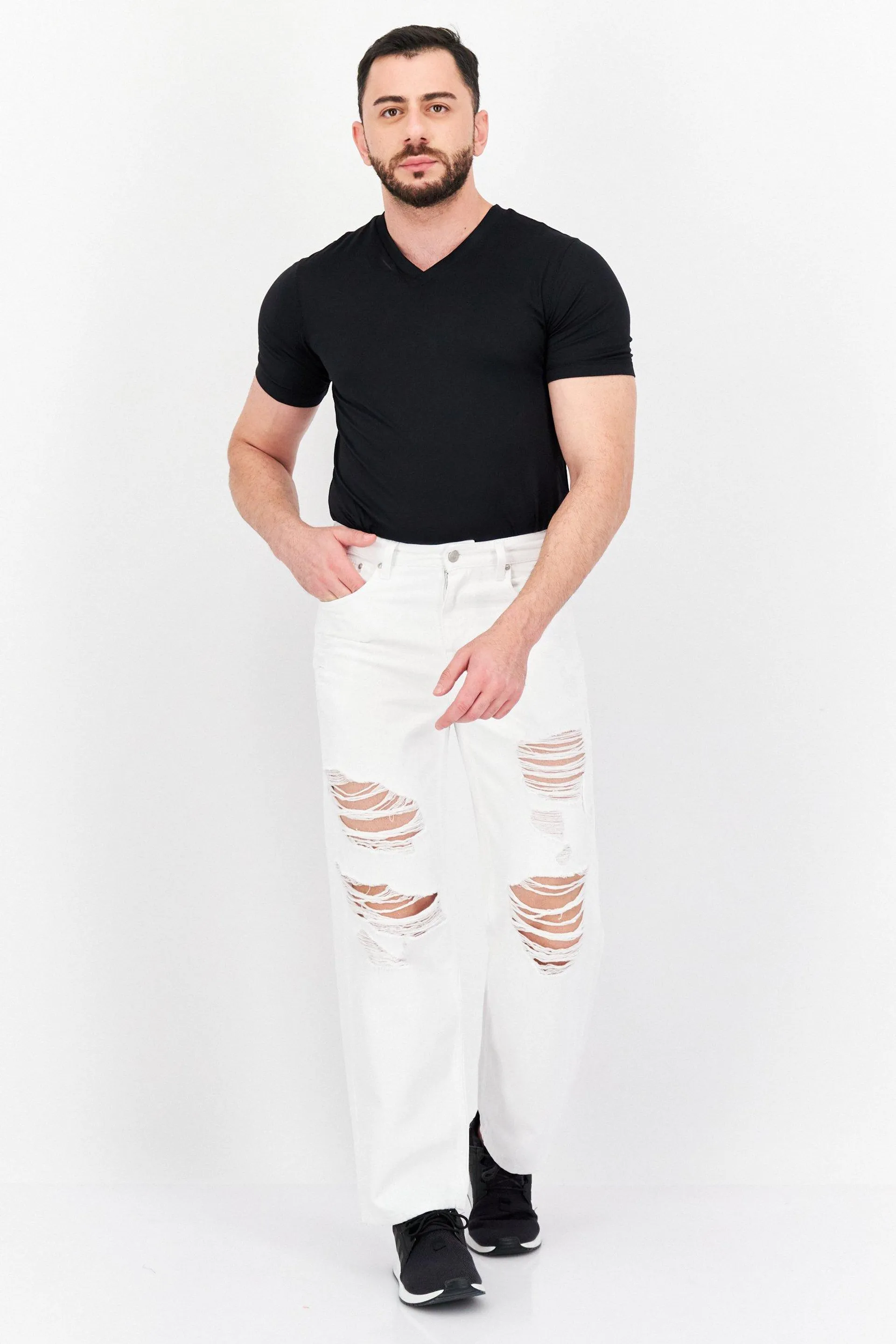 Men Baggy Fit Ripped Non Stretchable Jeans, Whiite