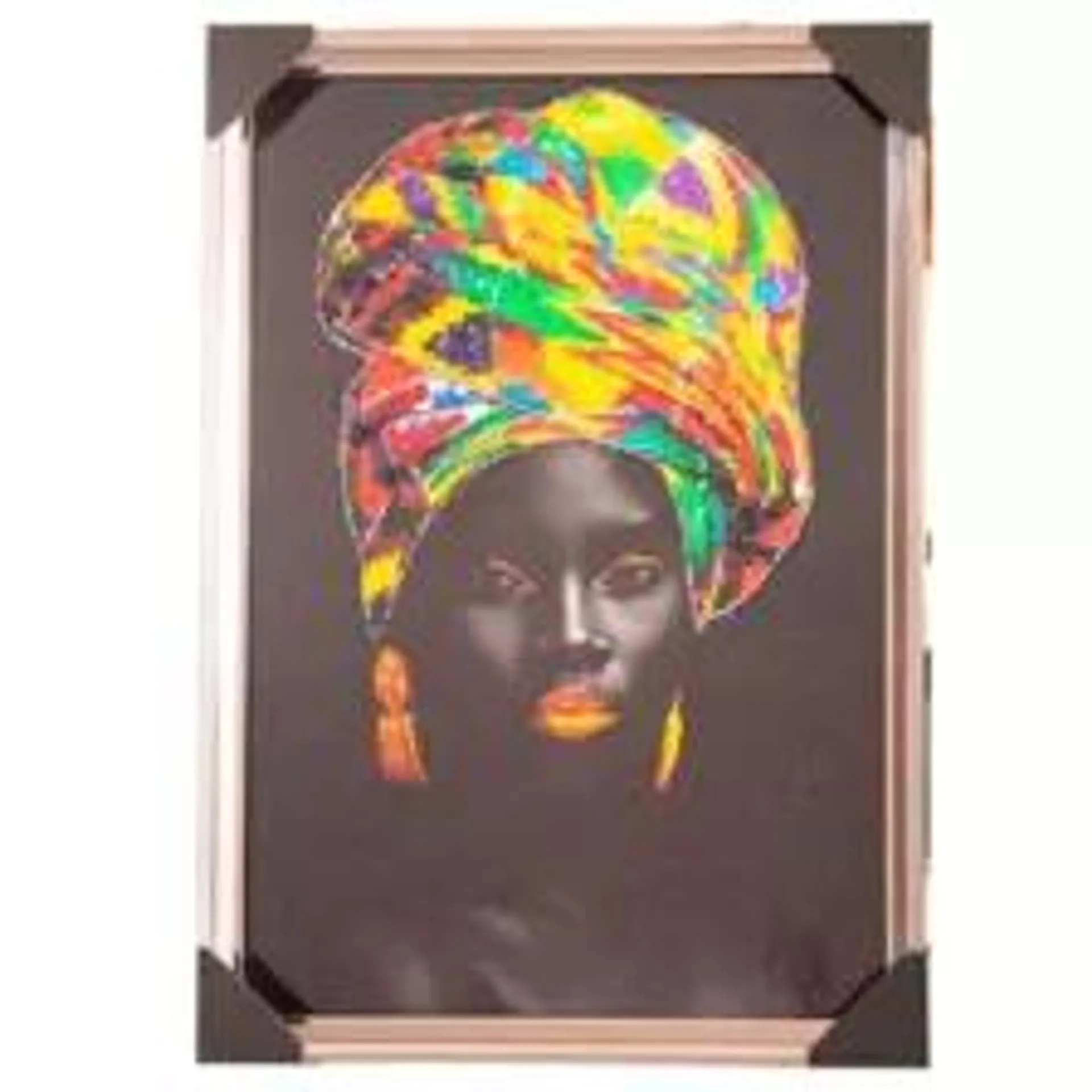 Black and Gold African Lady With Colourful Turban Closeup Potrait Framed Canvas Wall Art - 34x64 cm