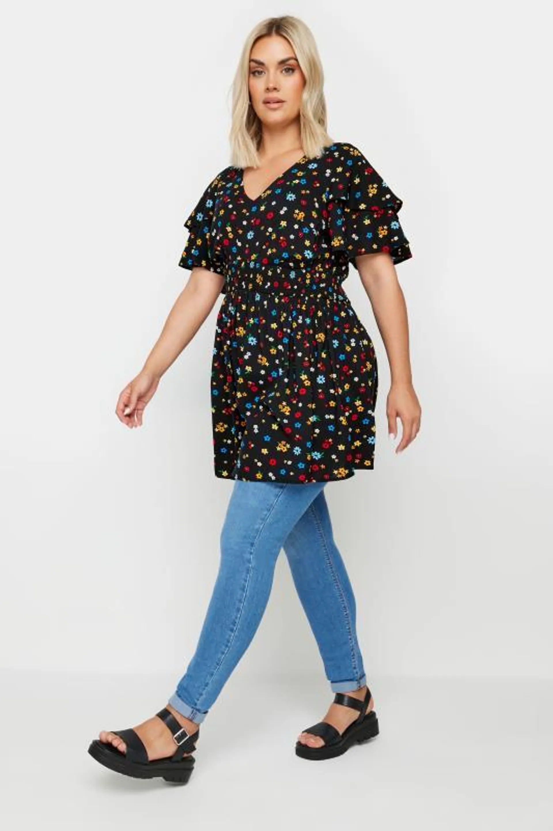 YOURS Curve Black Ditsy Print Flutter Sleeve Peplum Top