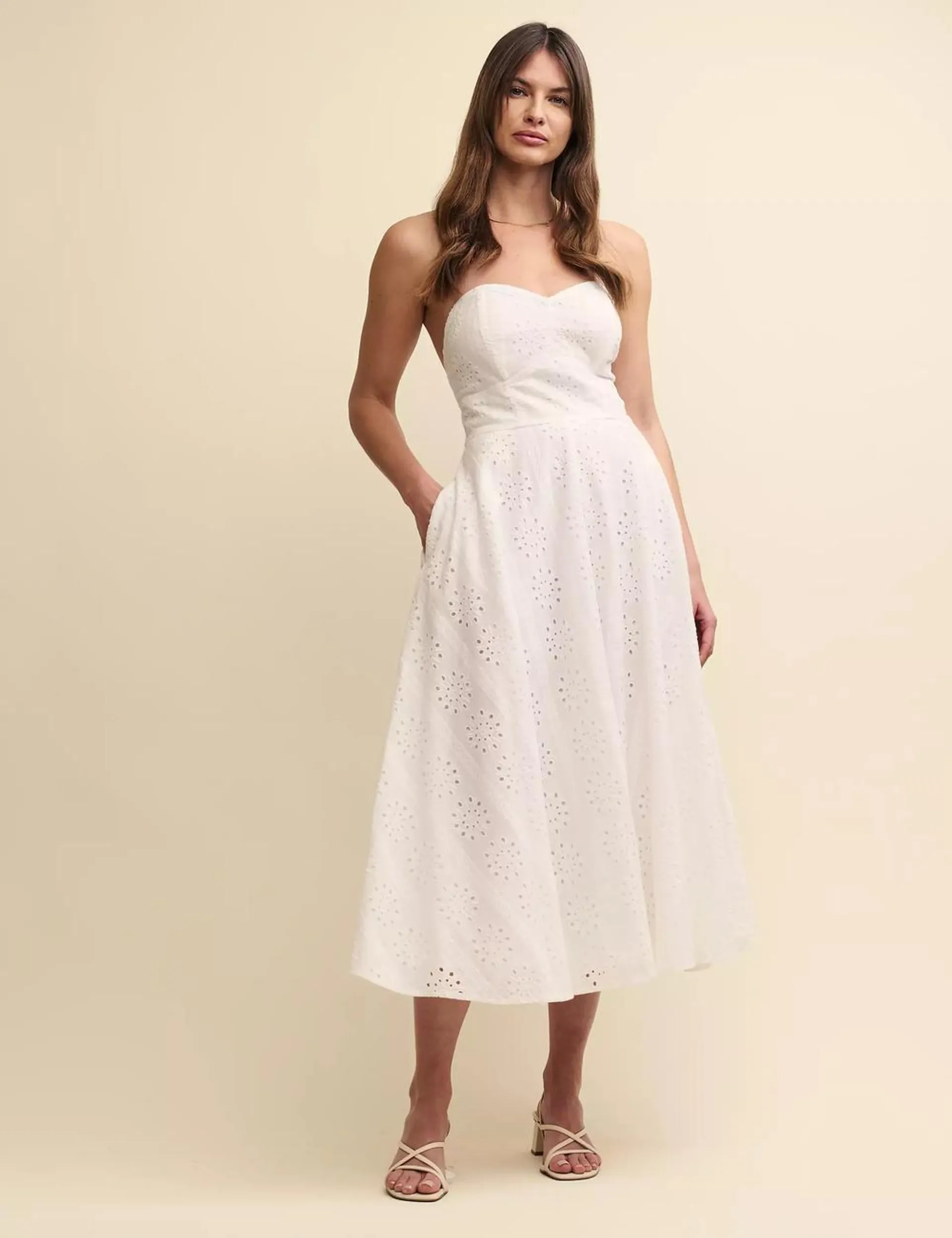 Pure Cotton Broderie Midaxi Waisted Dress