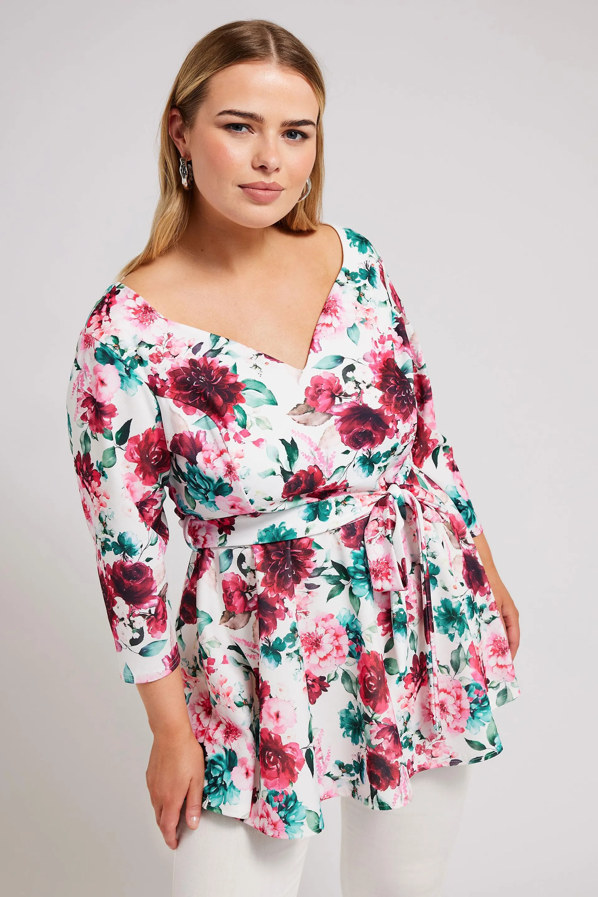 YOURS LONDON Curve Pink & Blue Floral Print Peplum Top