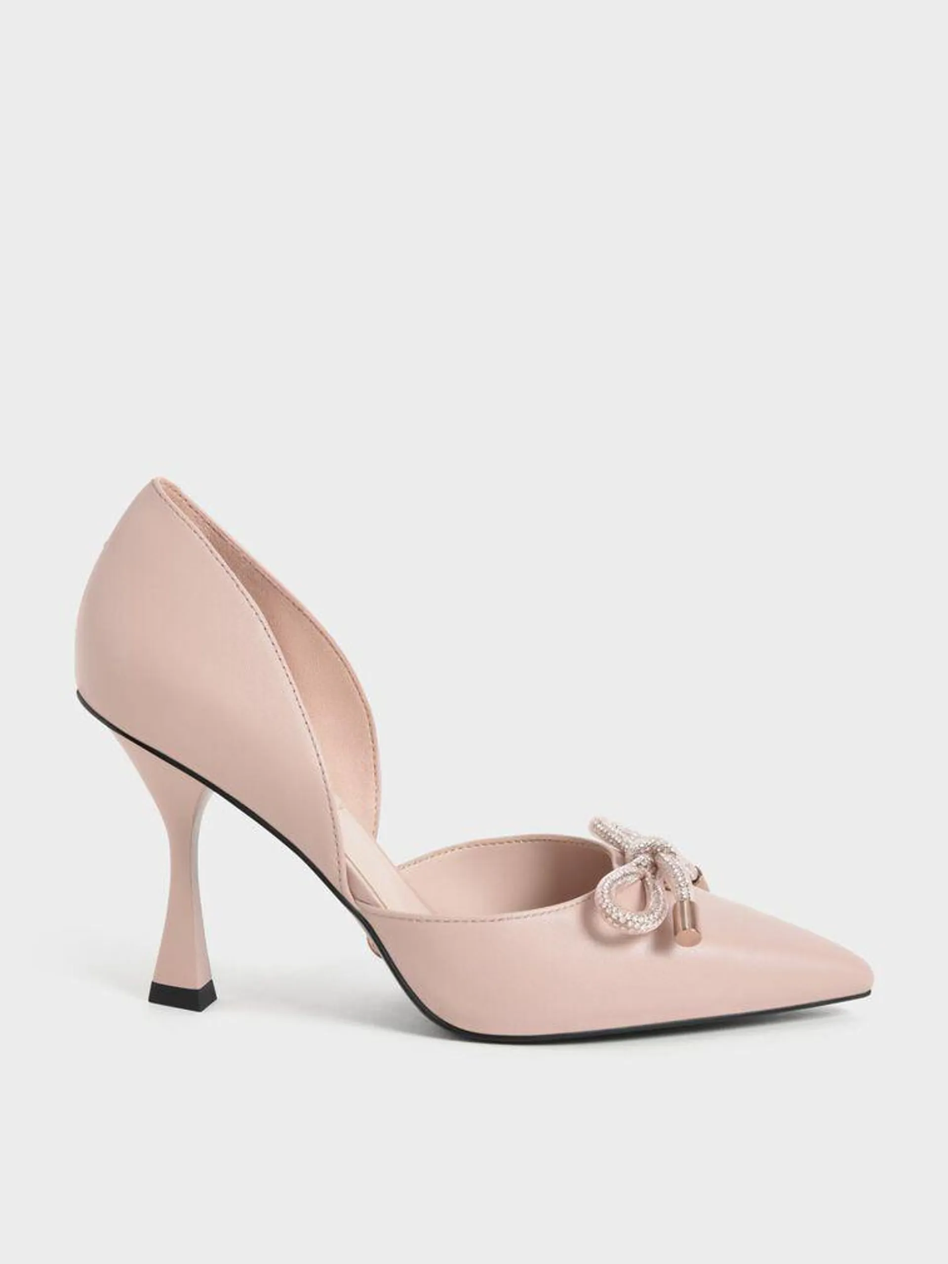 Gem-Embellished Bow-Tie D'Orsay Pumps - Nude