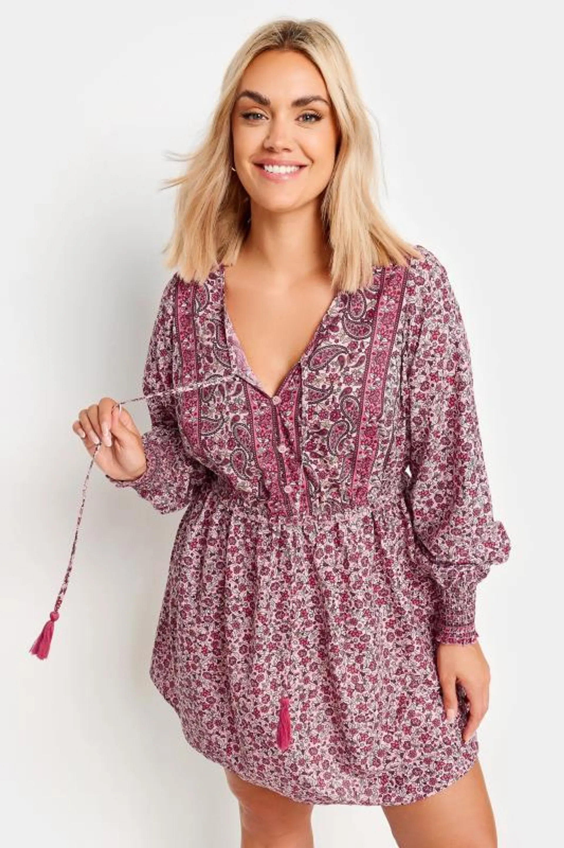 YOURS Curve Pink Floral Print Tie Neck Blouse