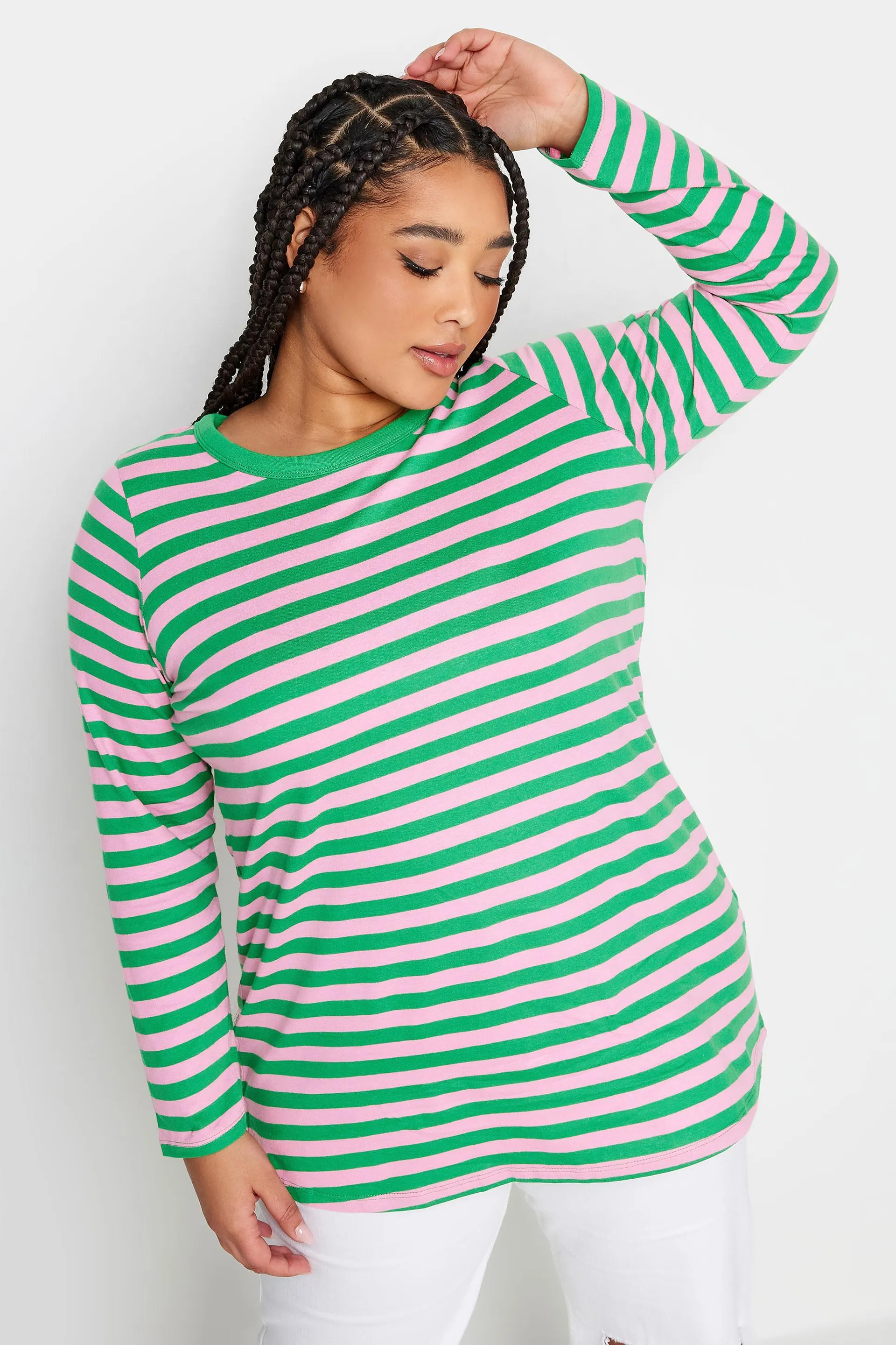 YOURS Curve Green & Pink Stripe Long Sleeve T-Shirt