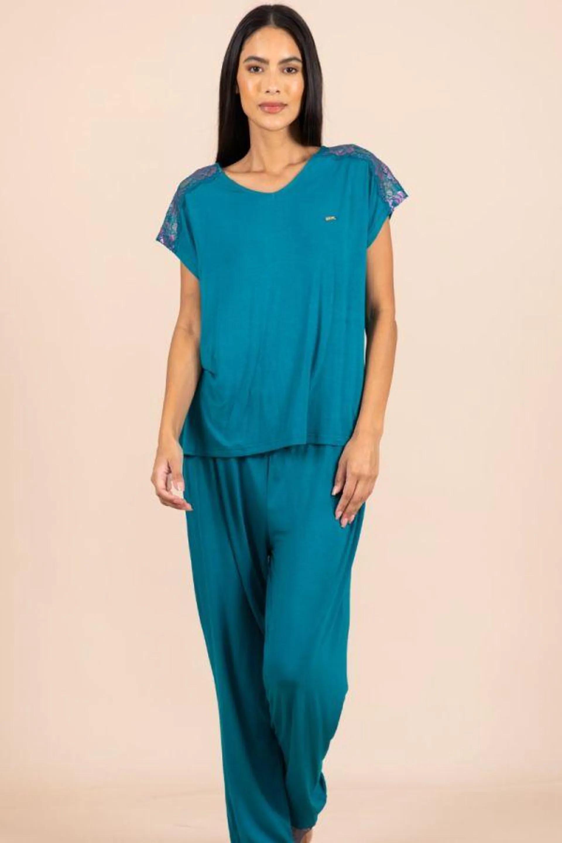 Ladies Teal 2 Tone Lace Trim PJ