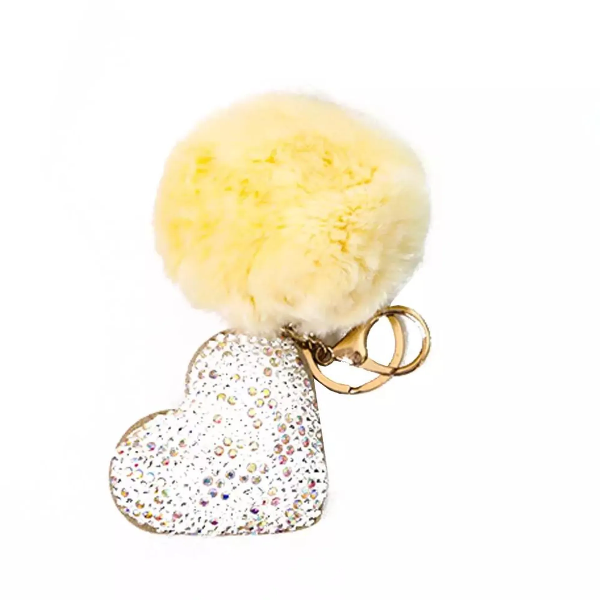 Fluffy Plush Furry Keychain Pom Pom Key Ring Ball with Heart, Car Key Ring for Bag Decoration- Cream