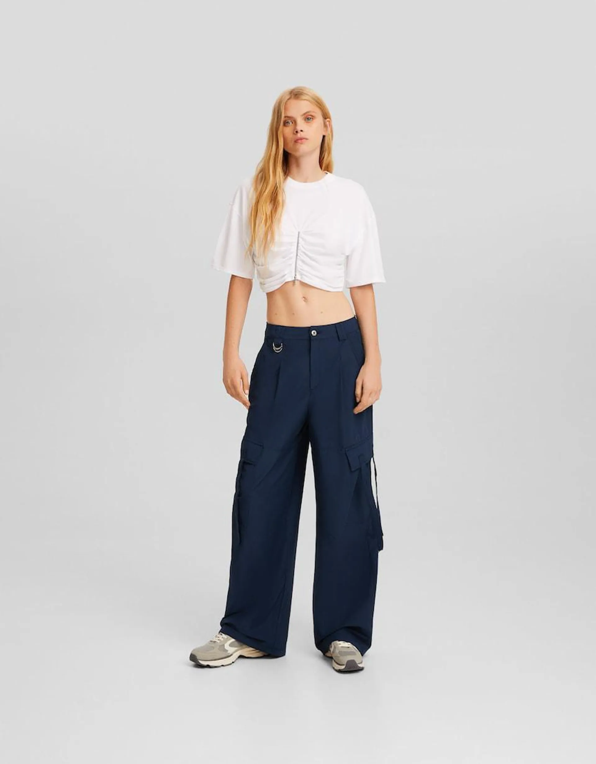 Balloon fit cotton blend trousers with straps