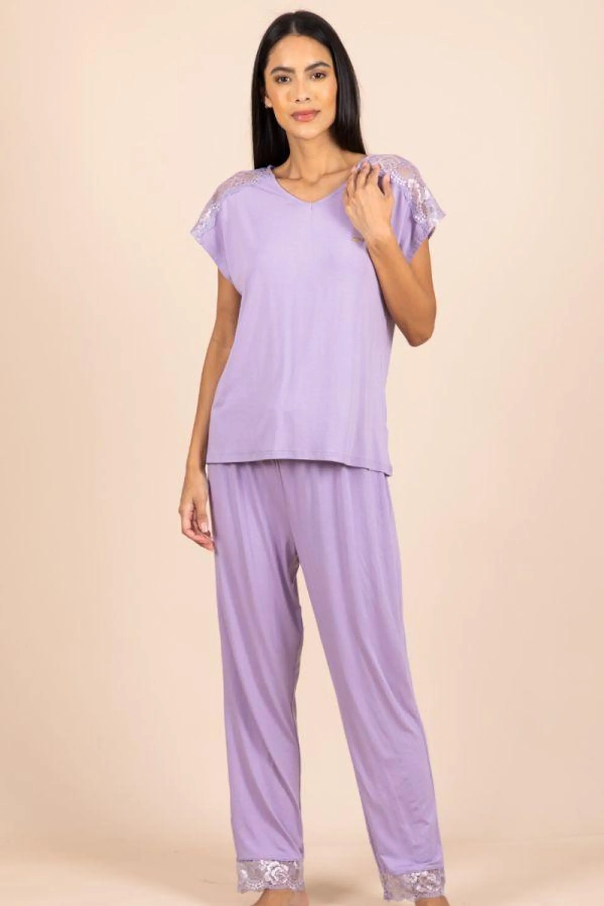 Ladies Dusky Lilac 2 Tone Lace Trim PJ