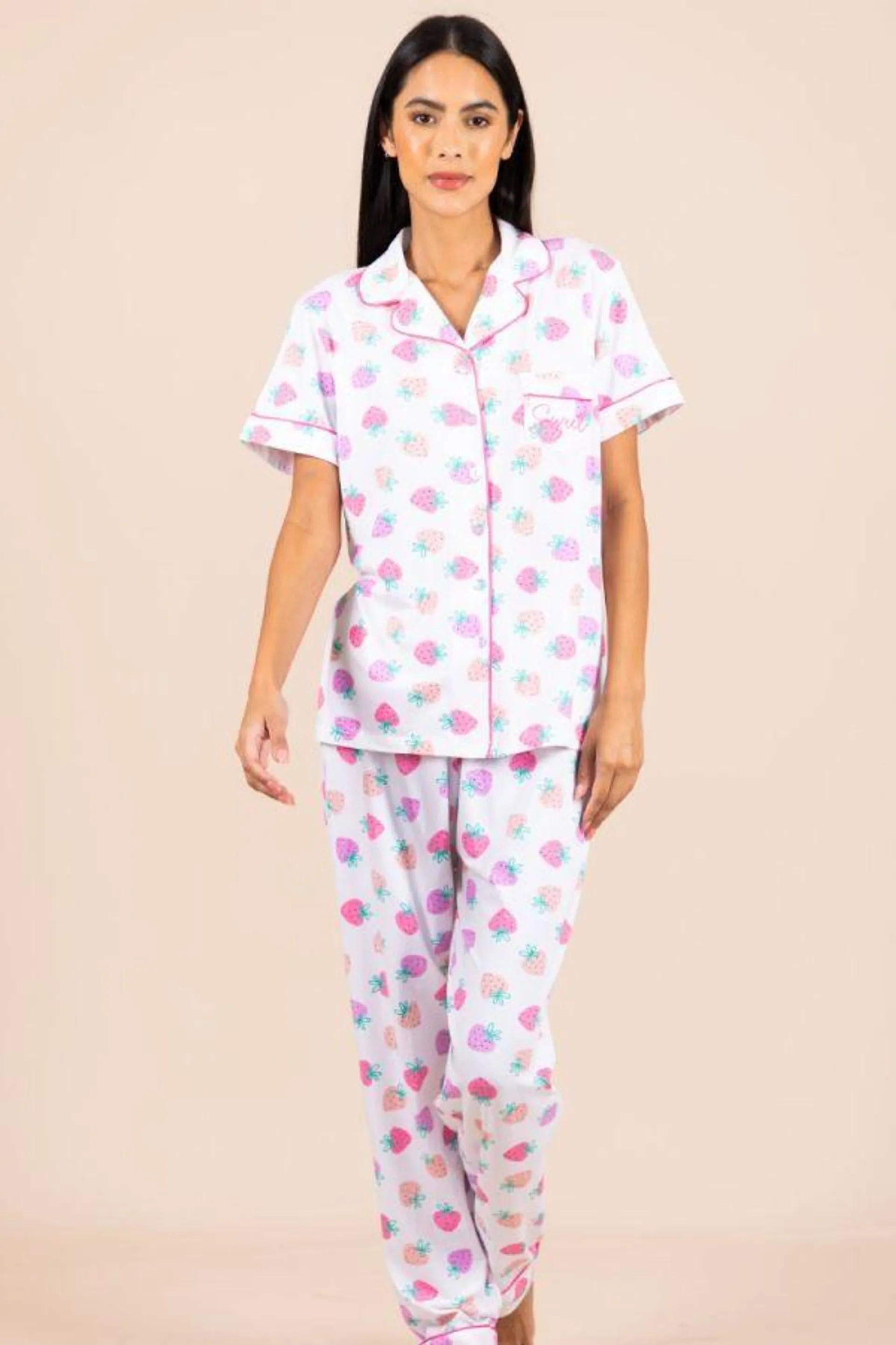 Ladies White Strawberry Button Through PJ