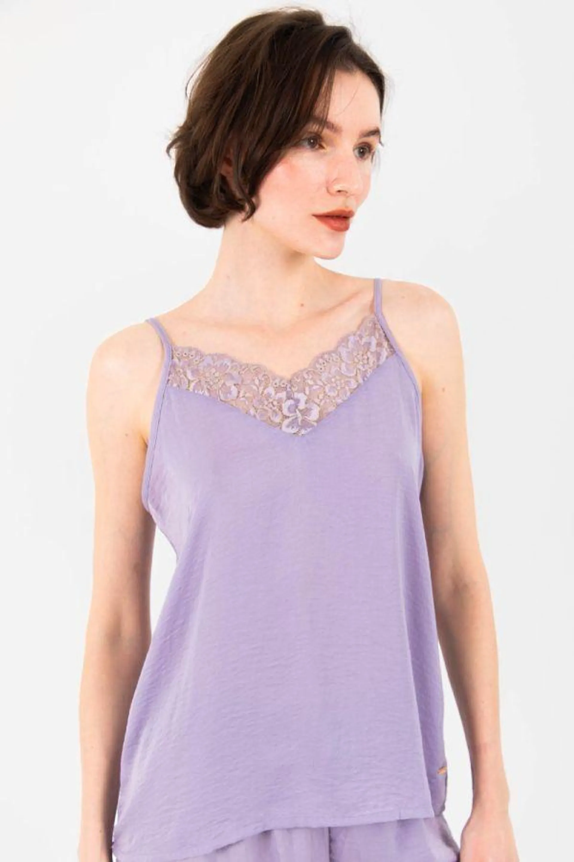 Ladies Purple Satin Gold Lurex Lace Cami Top