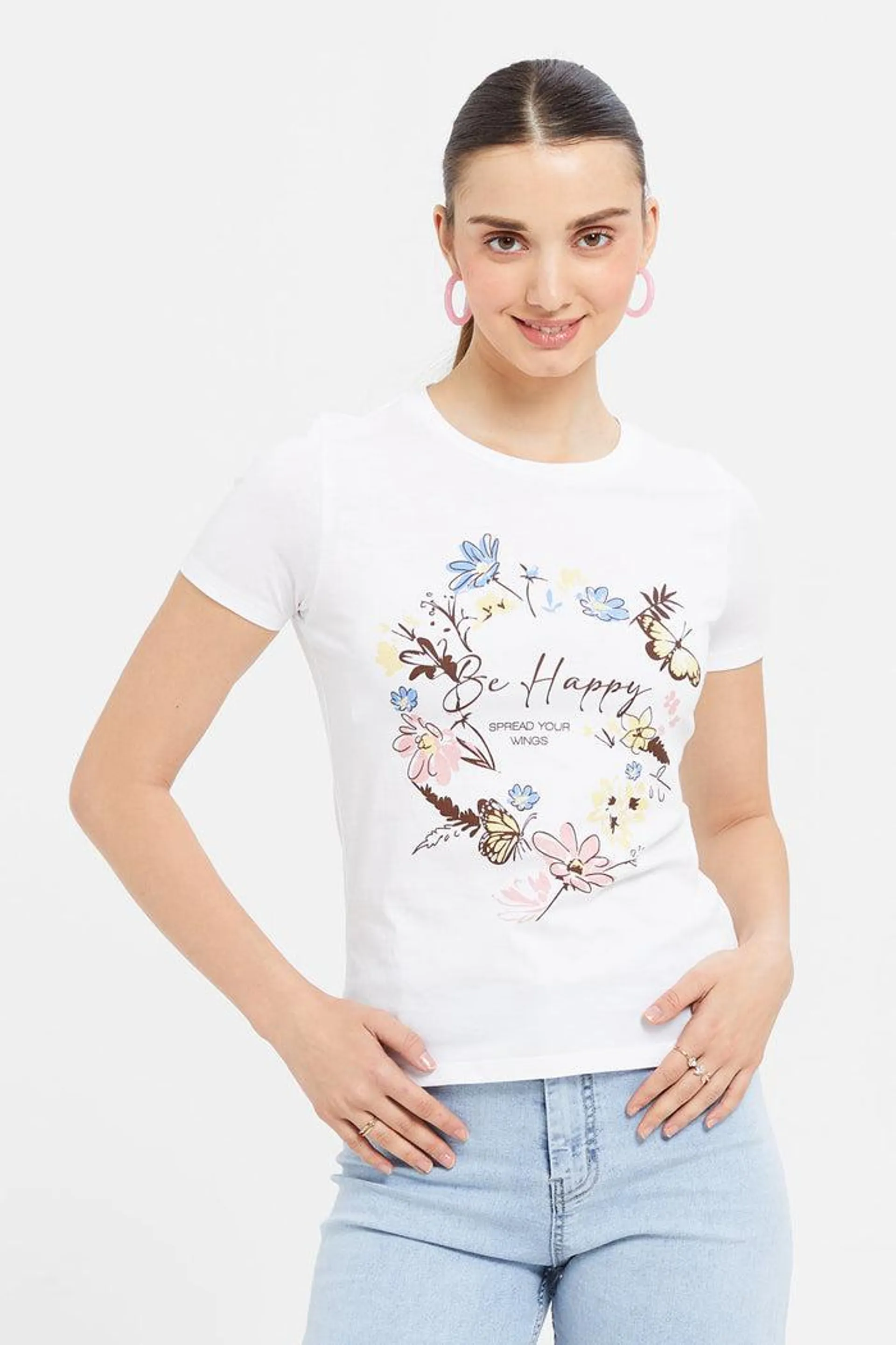 Women White Butterfly Printed T-Shirt