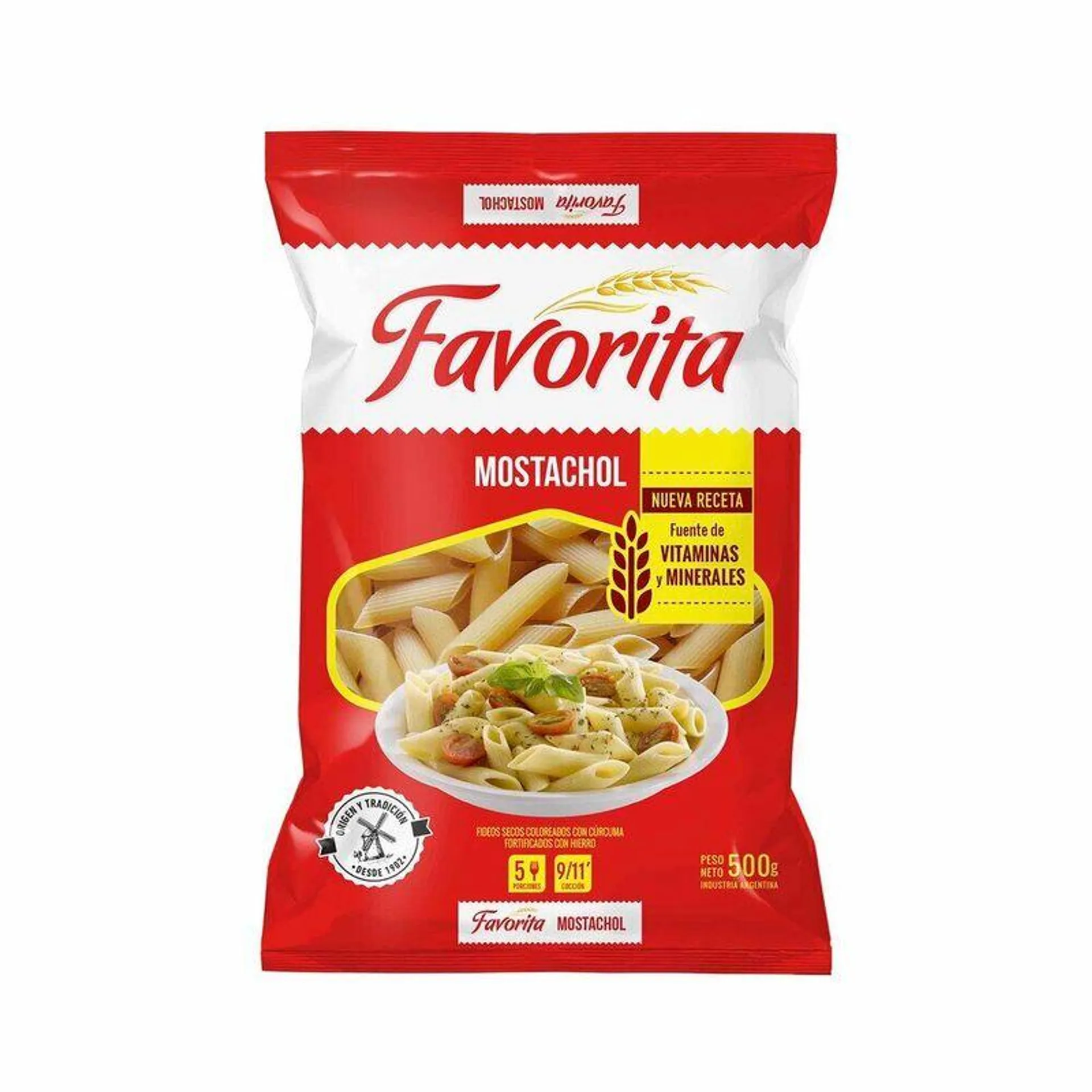 Fideos mostacholes rayados Favorita fortificado 500 g.