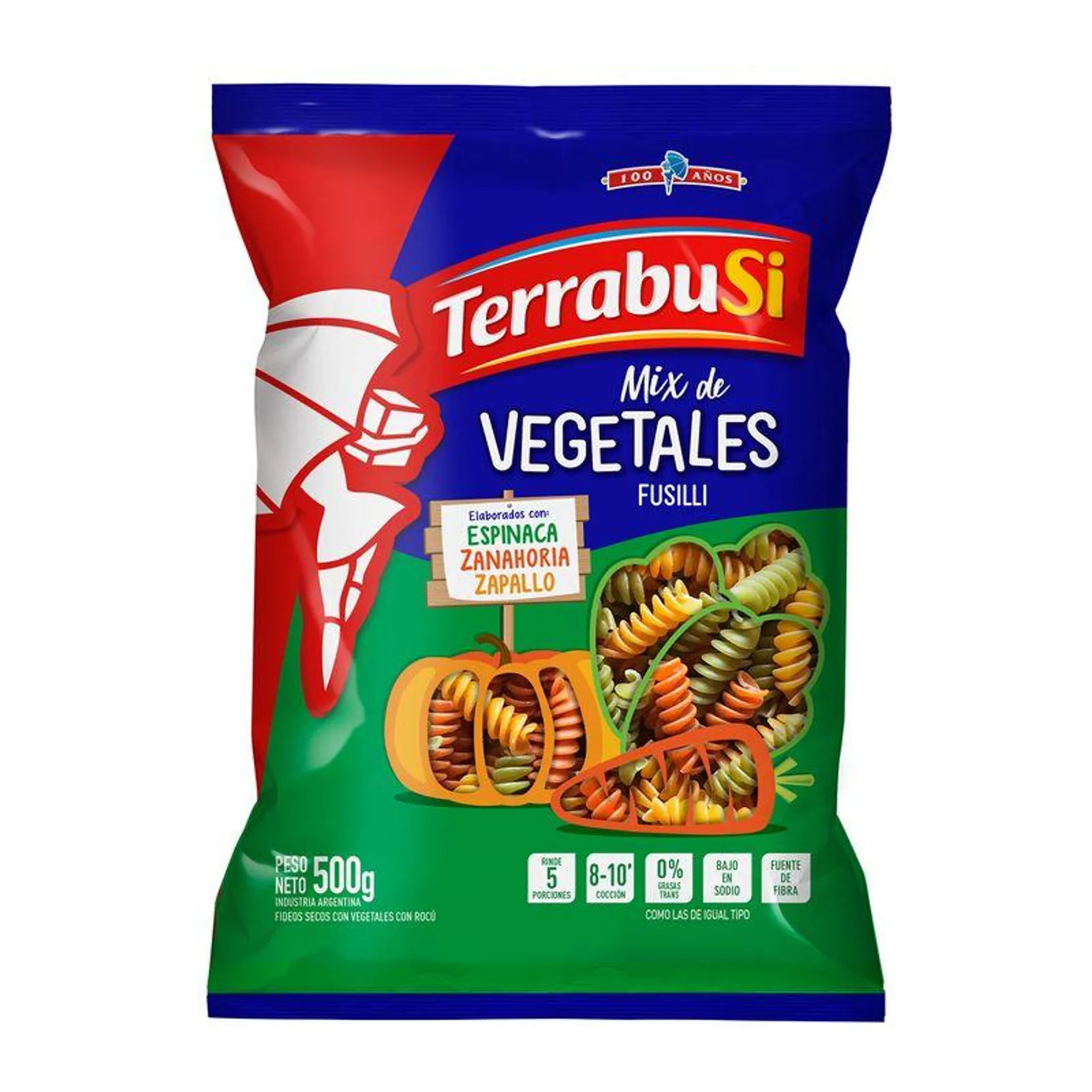 Fideos tirabuzon Terrabusi 3 vegetales 500 g.