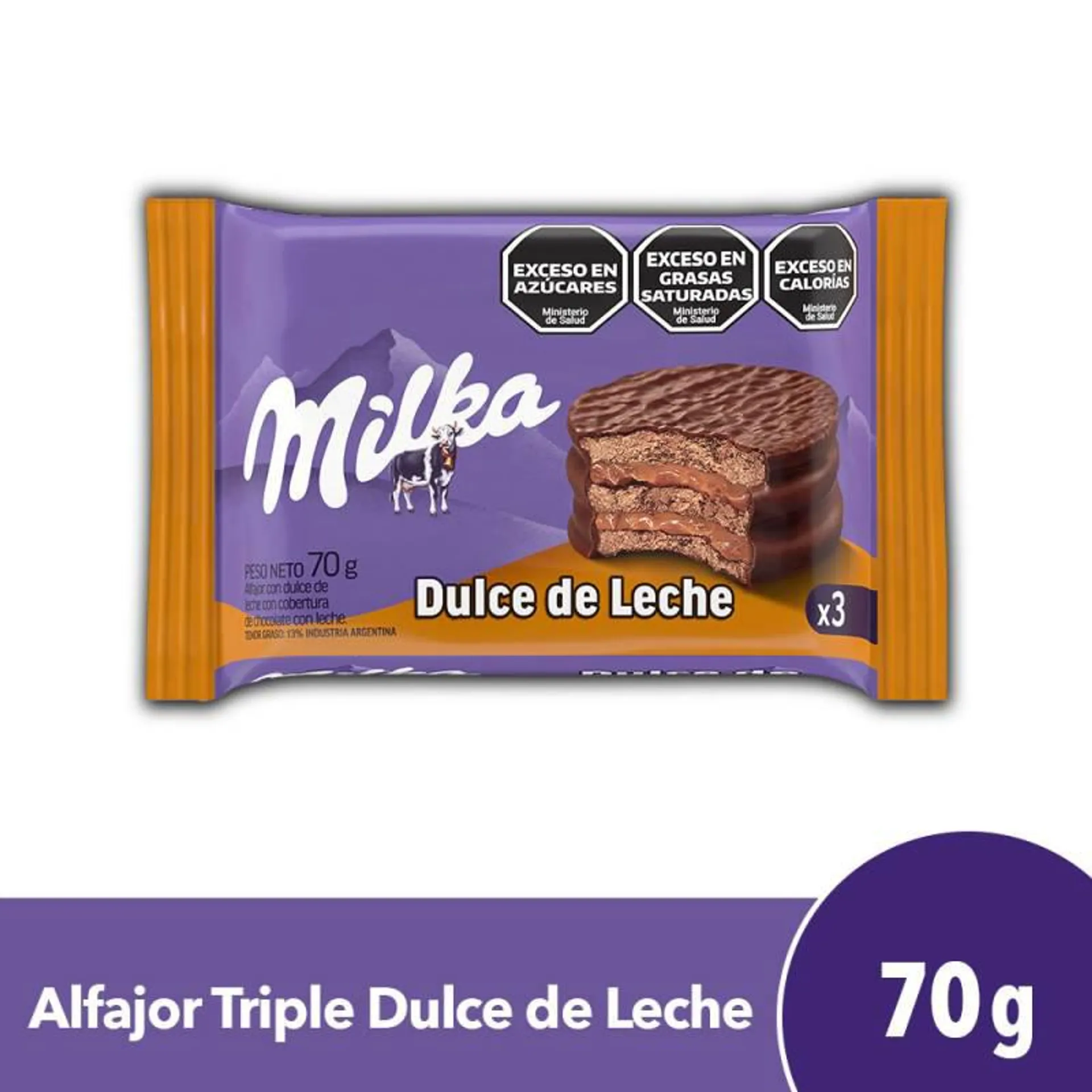 Alfajor Chocolate Milka con Dulce de Leche Triple x 70 g.