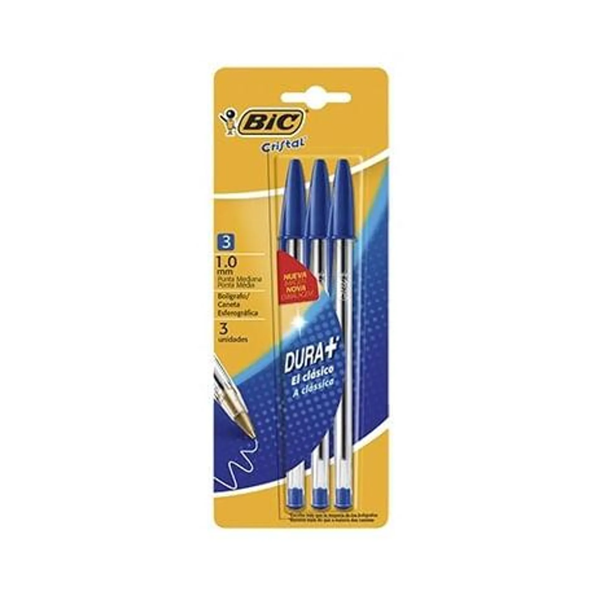 Bolígrafi BIC Cristal Dura+ punta 1.0 Azul Blister 3 unidades