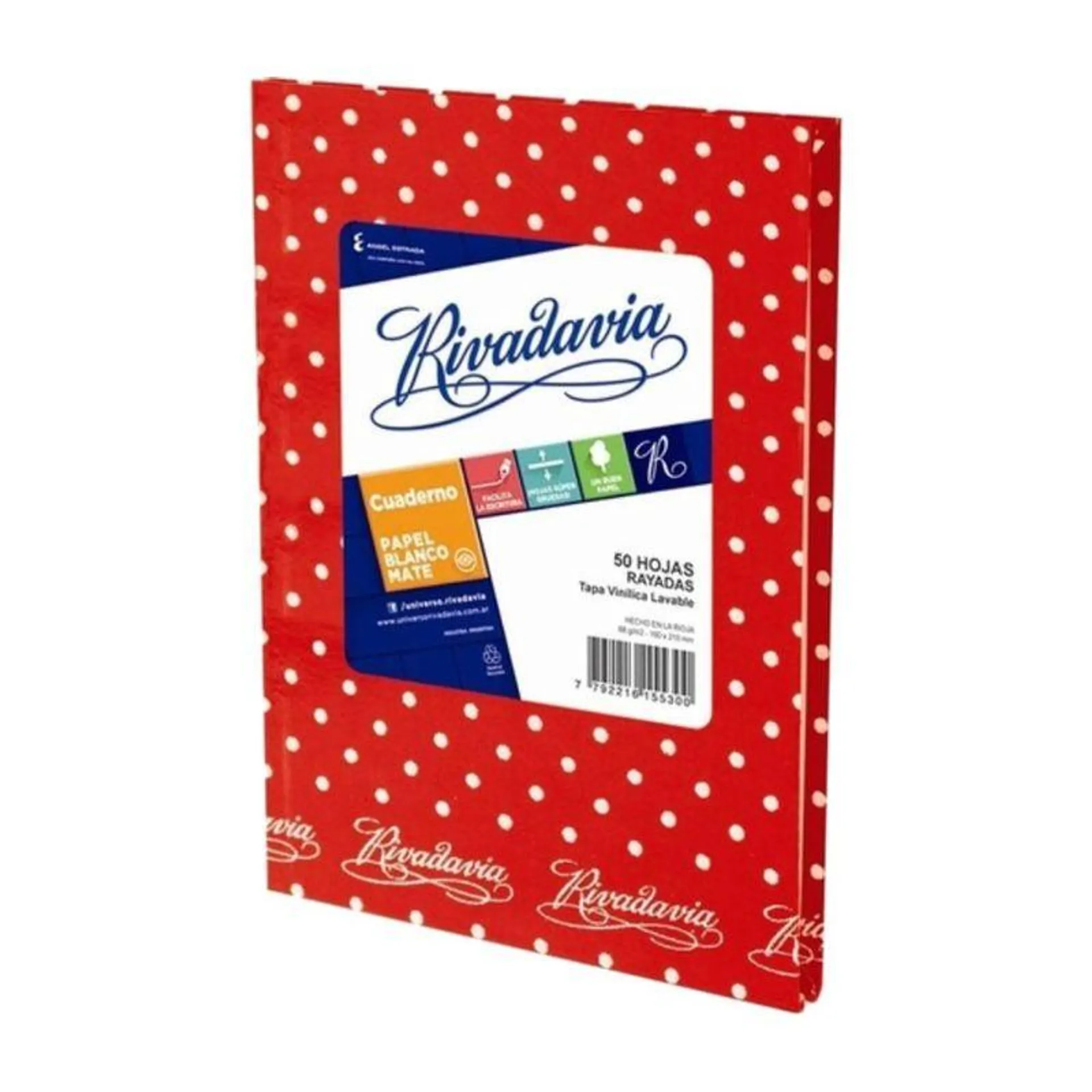 CUADERNO RIVADAVIA RAYADO ROJO CON LUNARES TAPAS DURAS X 50 HOJAS