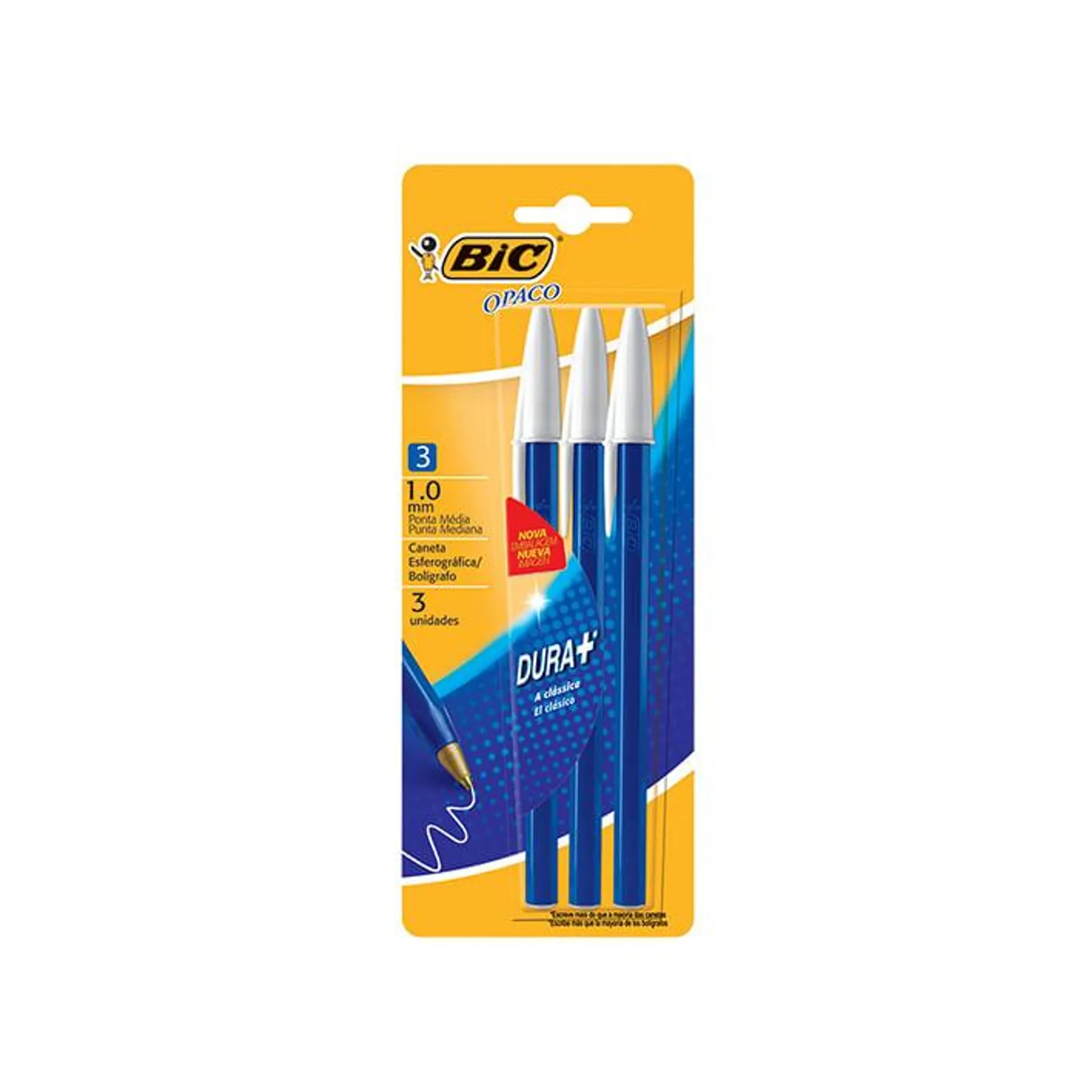 Bolígrafo BIC Opaco Dura+ punta 1.0 Azul Blister 3 unidades