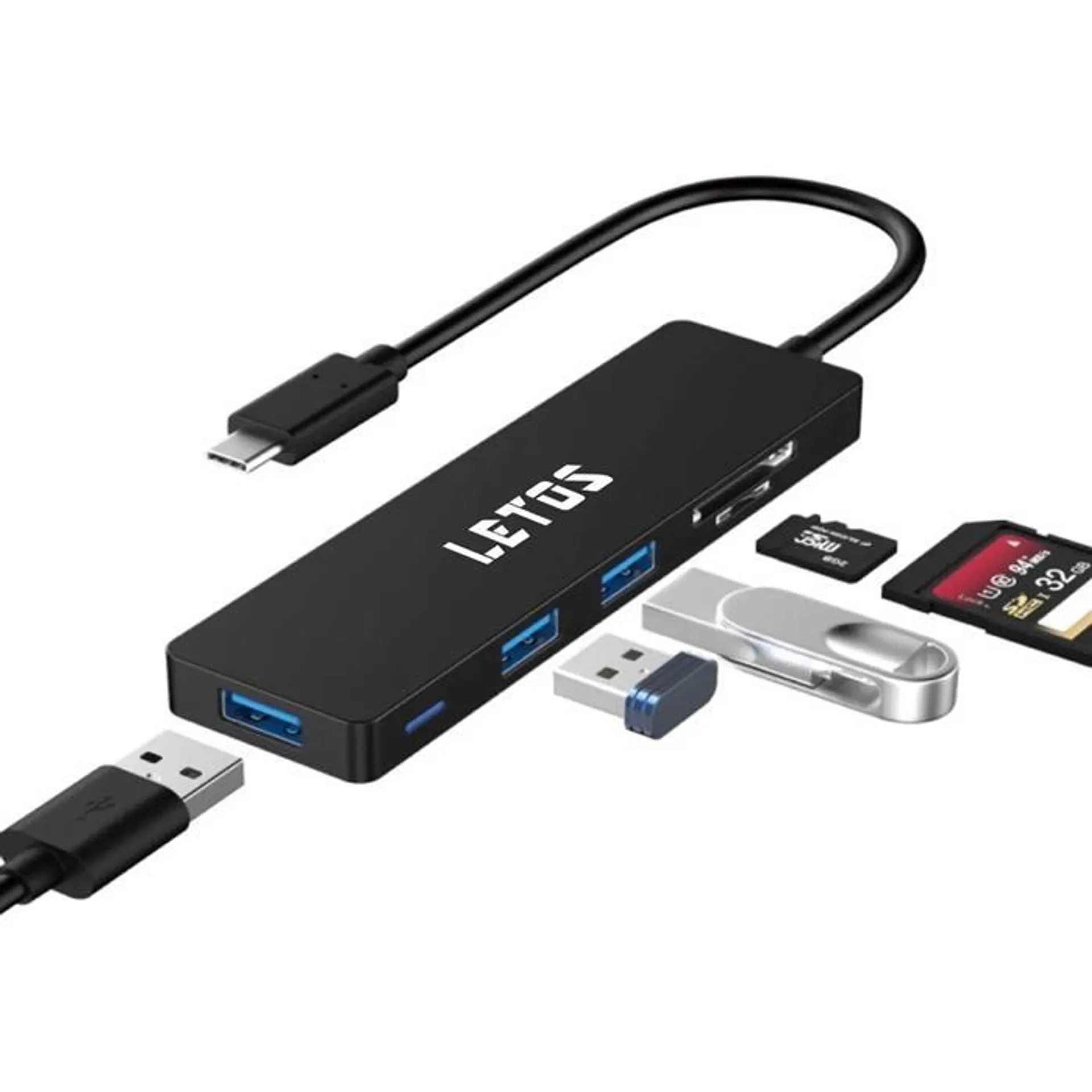 ADAPTADOR LETOS LE-HBA05 USB C HUB 3 PUERTOS USB TIPO A 3.0 + MICROSD + SD