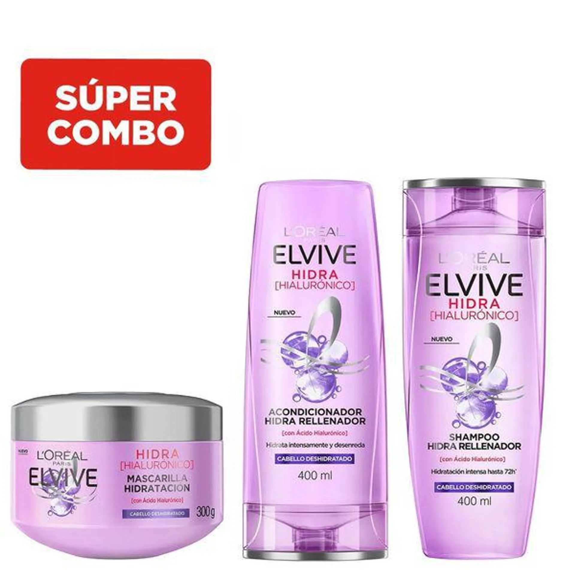 Combo Elvive Hidra Hialurónico Shampoo x 400 ml + Acondicionador x 400 ml + Tratamiento Capilar x 300 ml