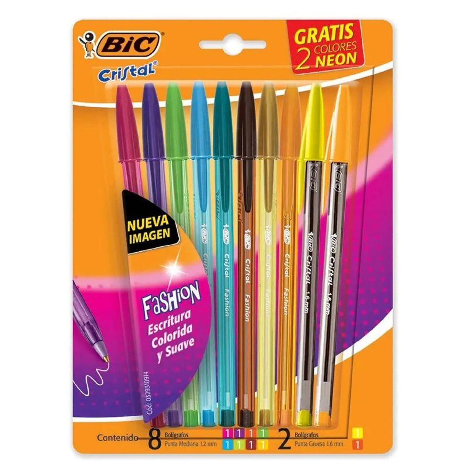 Bolígrafo BIC Cristal Fashion Blister 10 unidades (8 + 2 Intenso NEON Gratis)