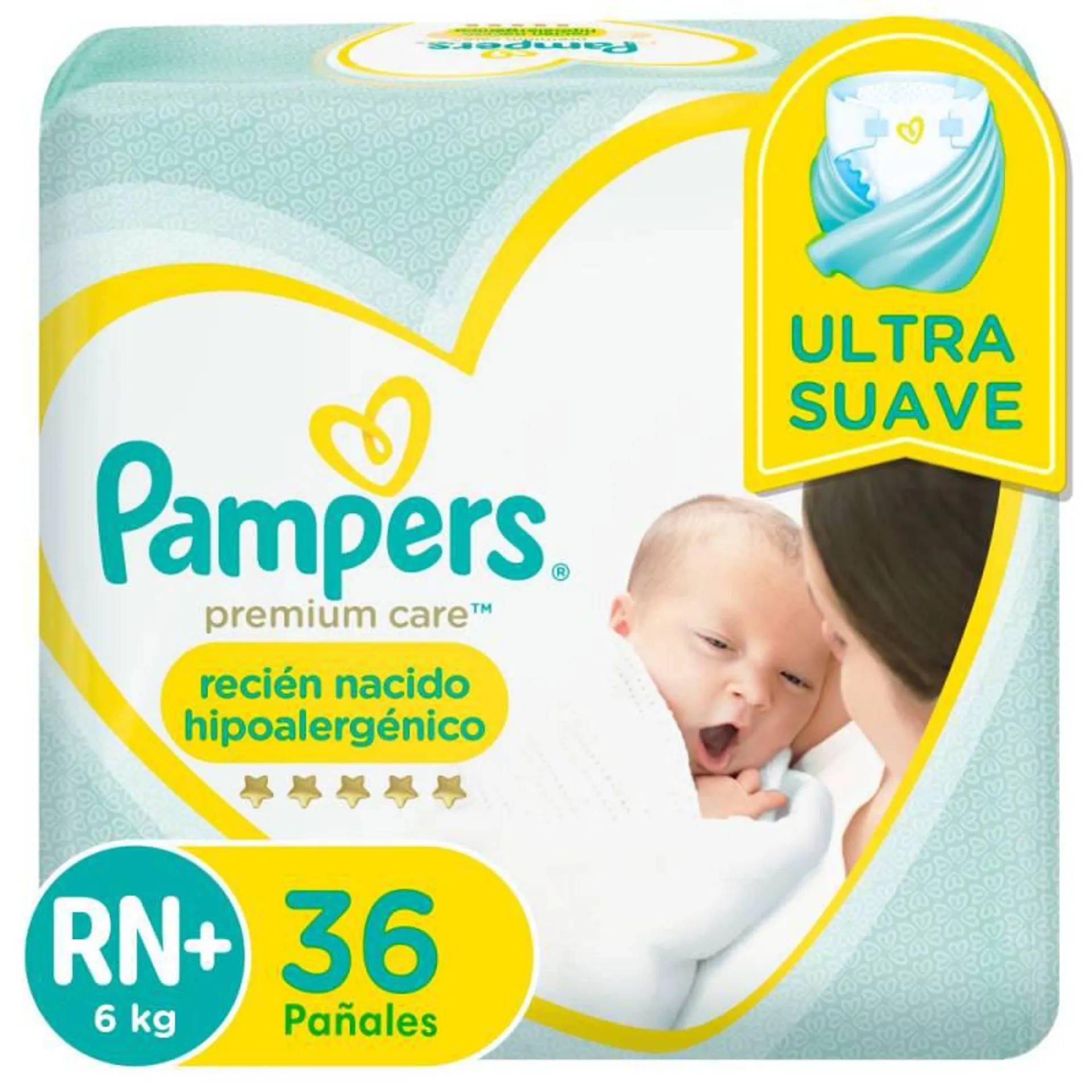 Pañal RN+ Premium Care Híper Pampers x 36 Un.