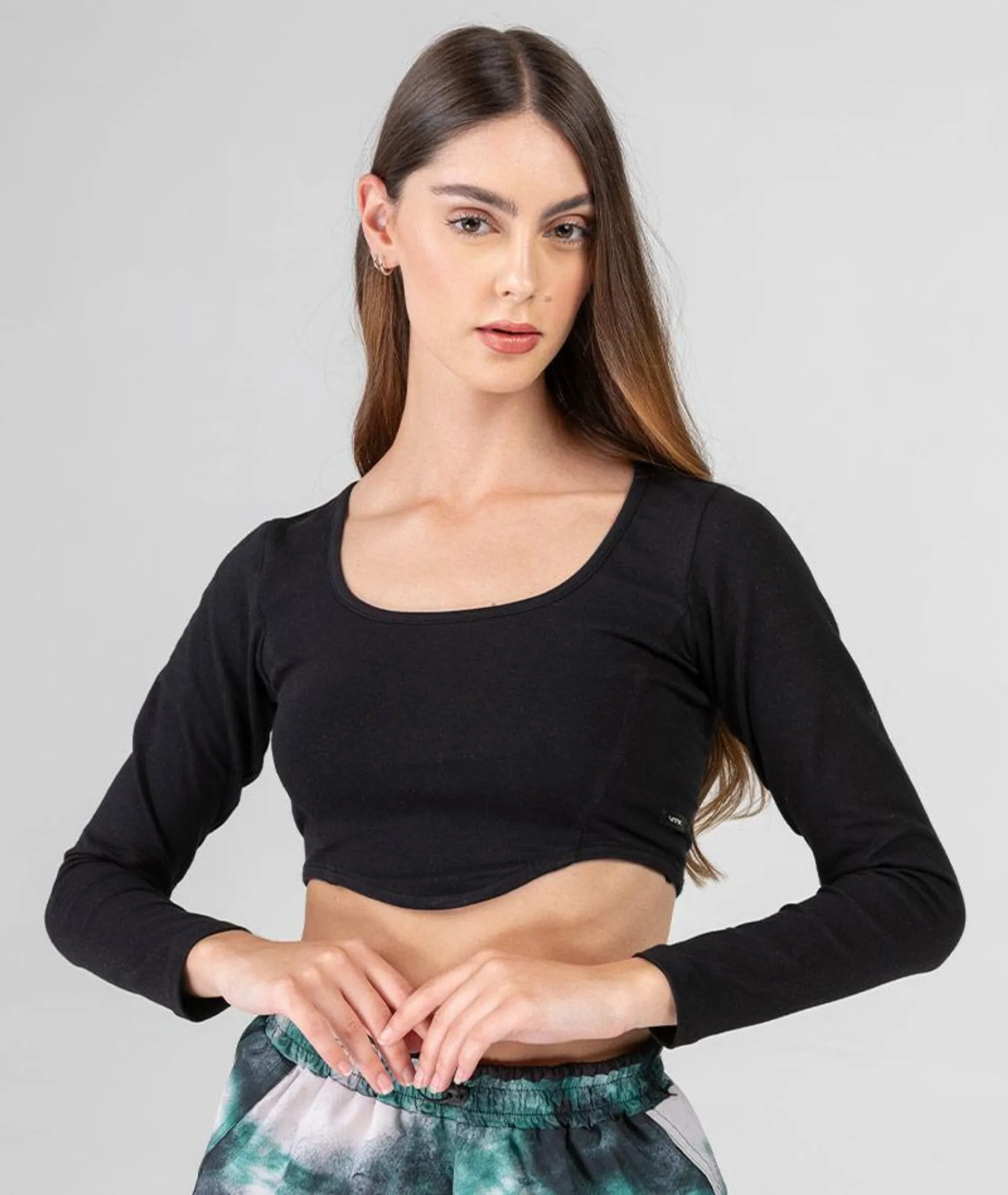 Top mangas largas jersey de algodón lycra efecto corset - Línea al cuerpo