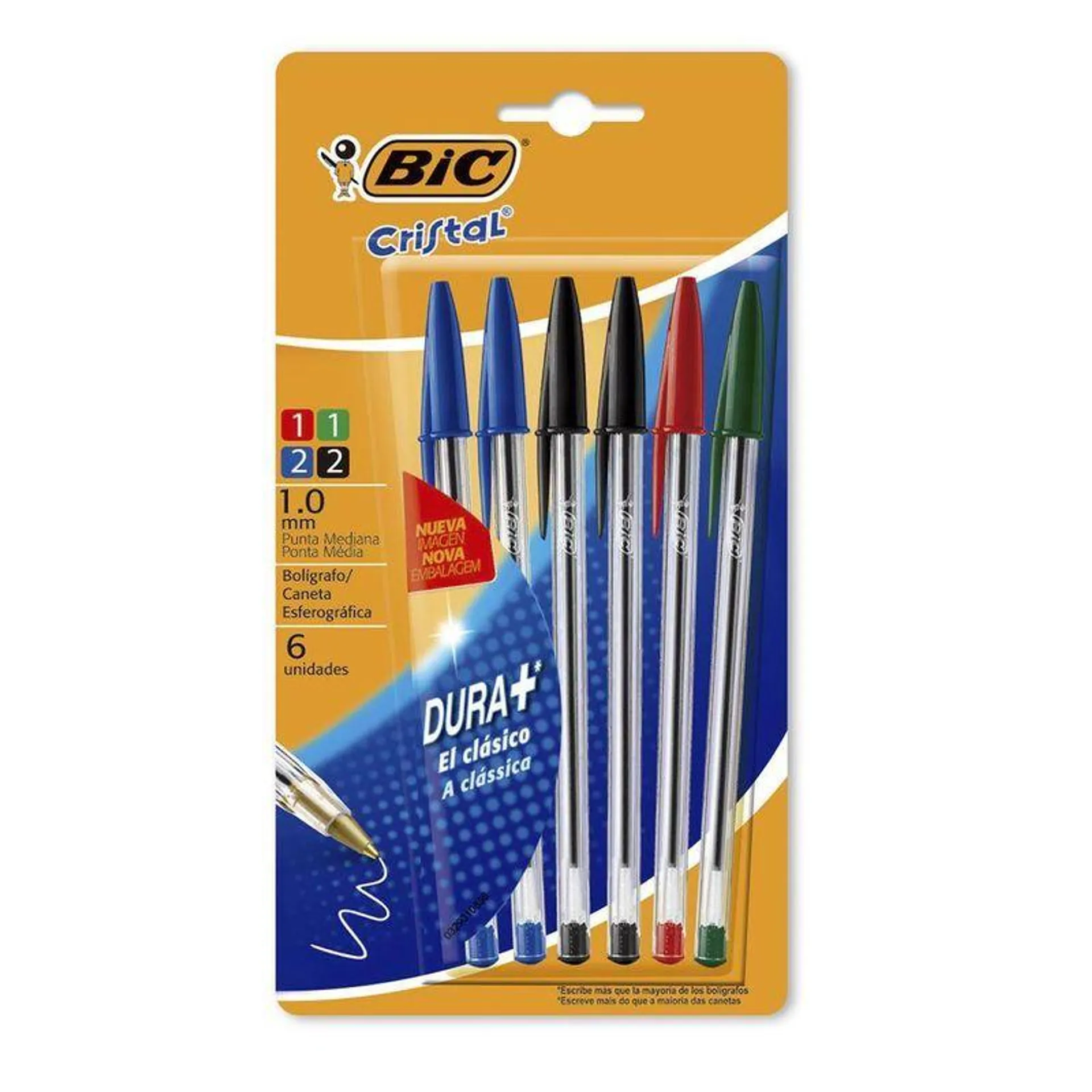 Bolígrafi BIC Cristal Dura+ punta 1.0 Surtido Blister 6 unidades PAGA 5