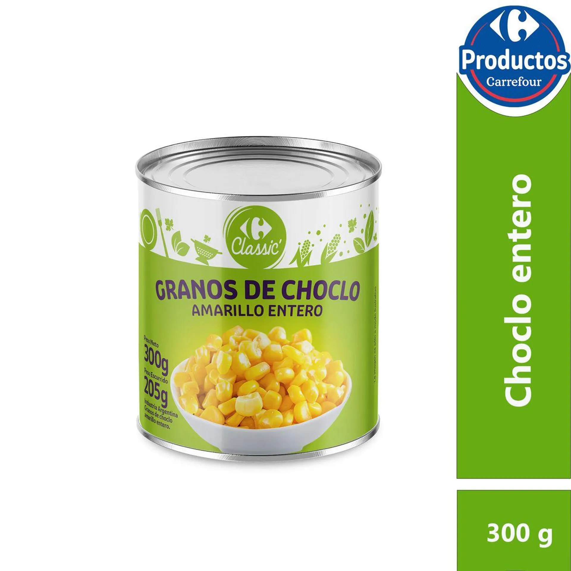 Choclo en granos amarillo Carrefour classic en lata 300 g.