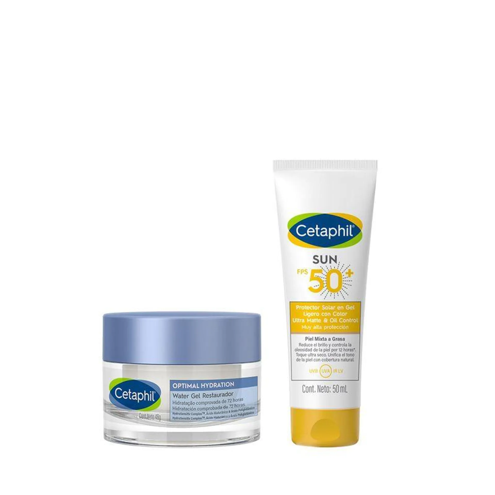 Combo Cetaphil Gel Facial Restaurador Optimal Hydration x 48 g + Protector Solar Sun Ultra Matte & Oli Control Fps 50+ con Color x 50 ml