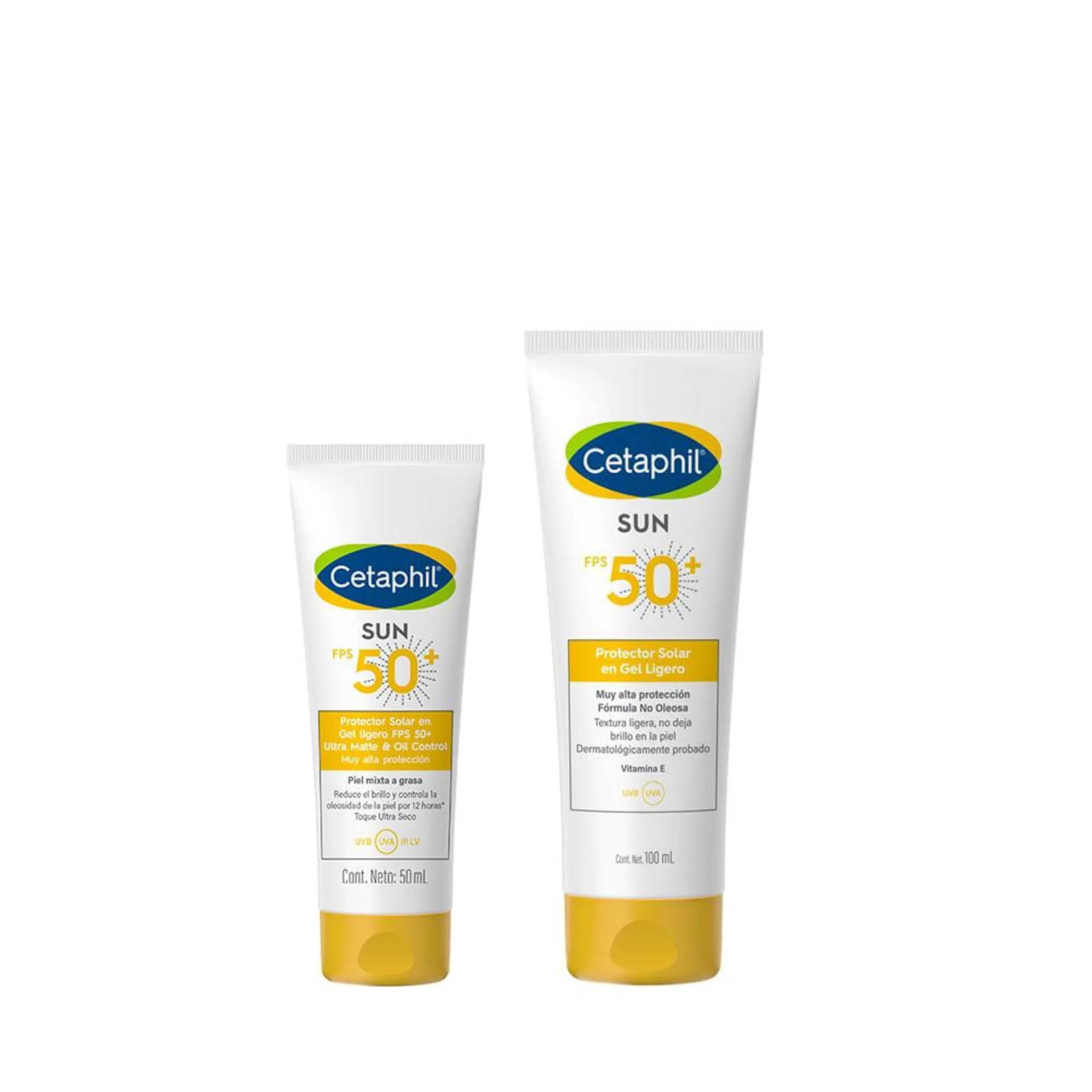 Combo Cetaphil Protector Solar Sun en Gel Fps 50+ x 100 ml + Protector Solar Sun Ultra Matte & Oli Control FPS 50+ sin Color x 50 ml