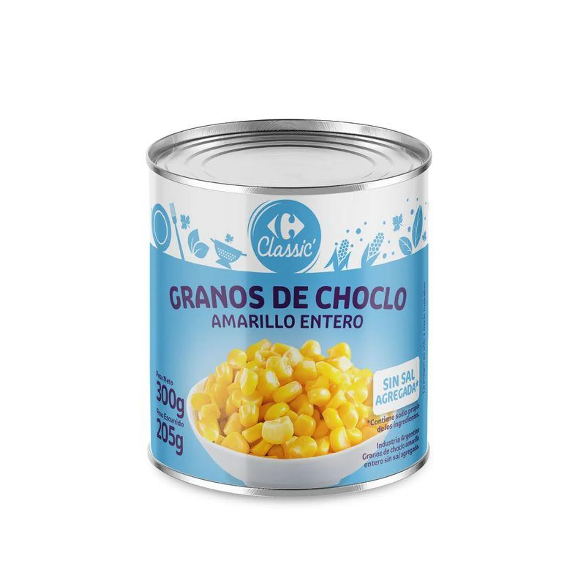 Choclo en granos Carrefour classic sin sal en lata 300 g.