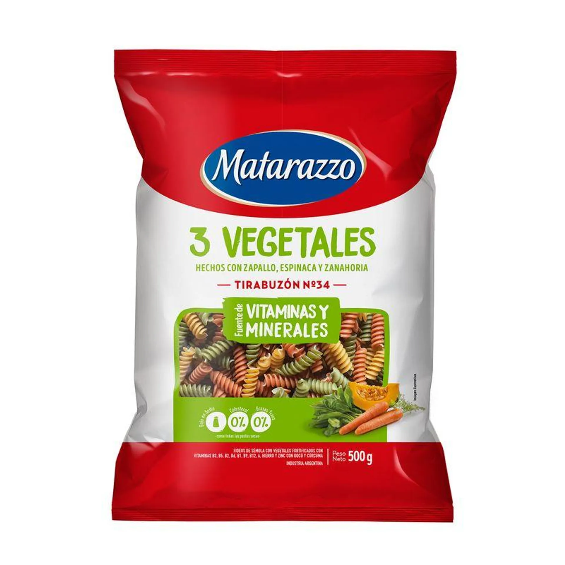 Fideos tirabuzon Matarazzo 3 vegetales 500 g.