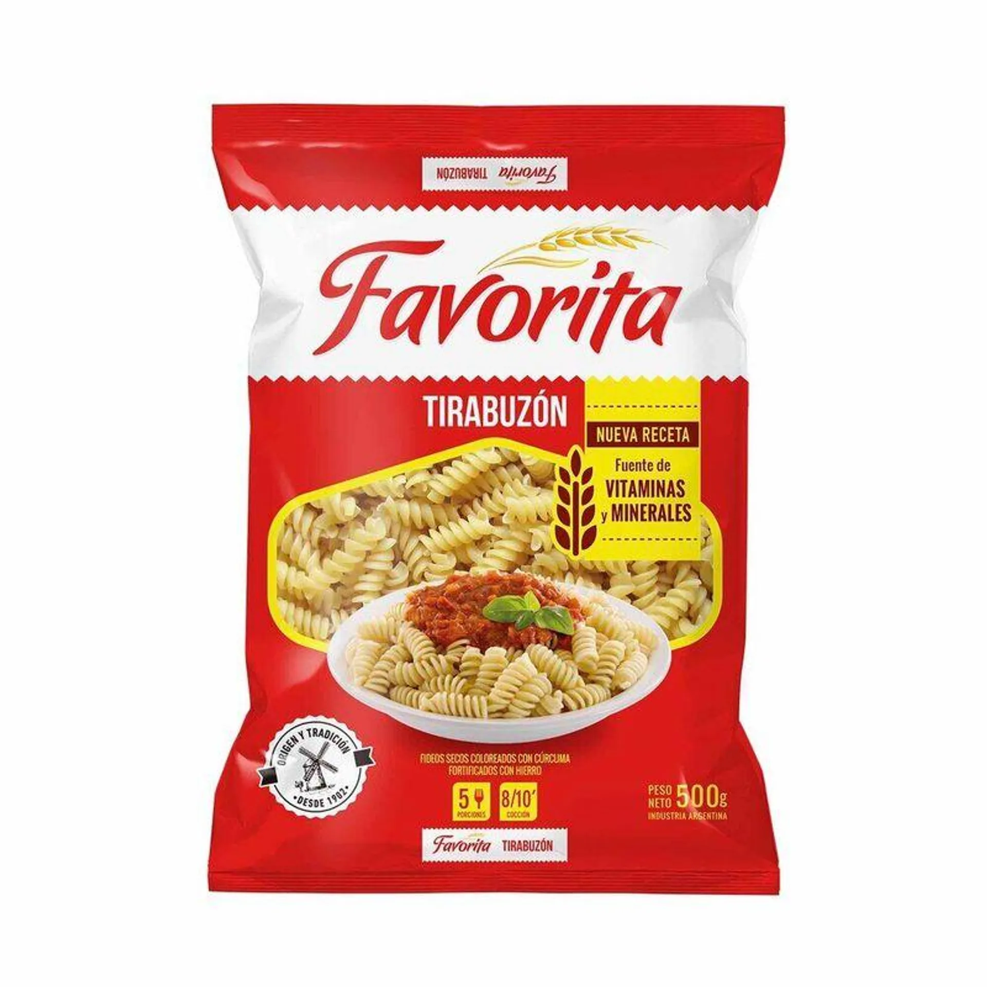 Fideos tirabuzones Favorita fortificado 500 g.