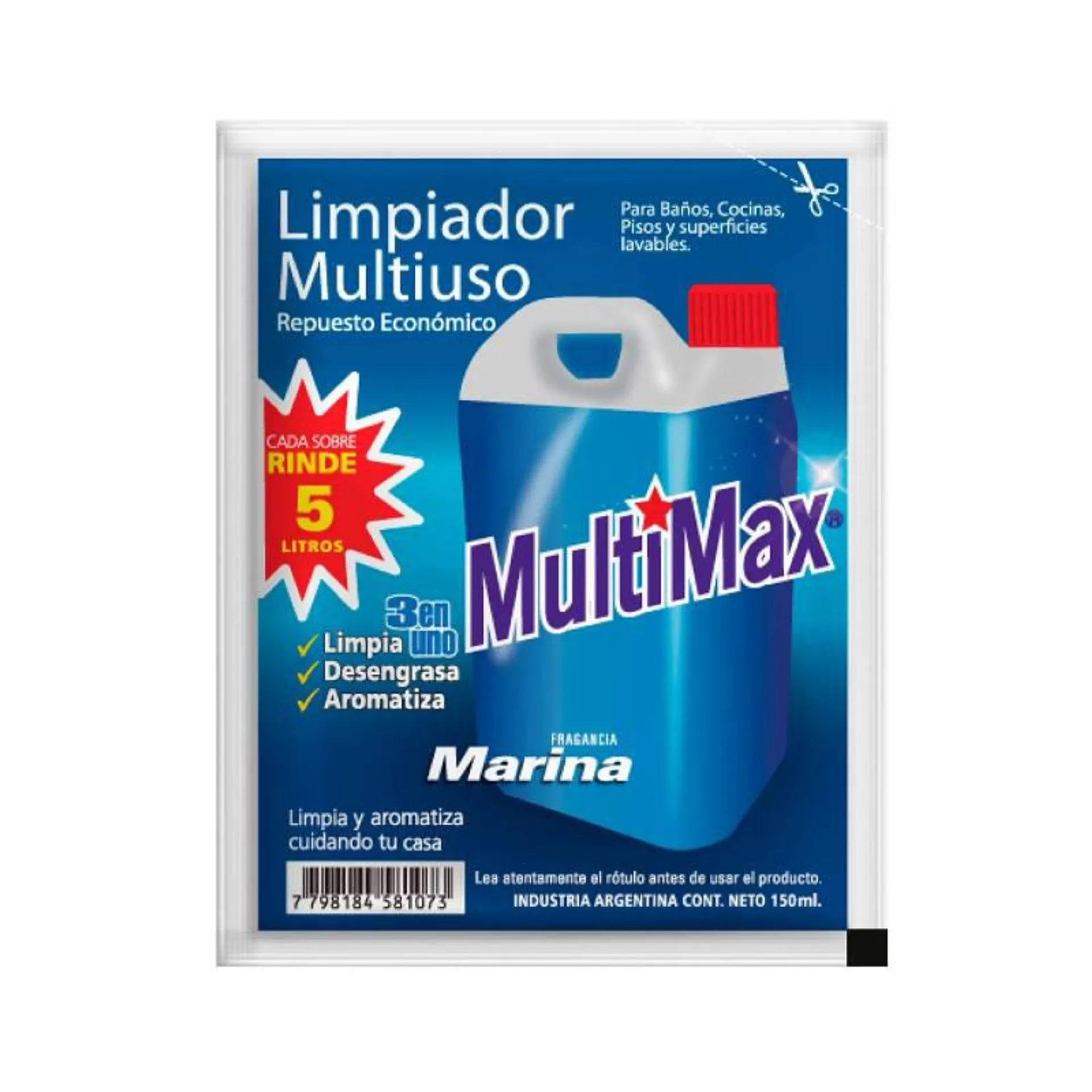 Limpiador líquido Concentrado Multiuso Marina 5L Doy Pack Multimax x 150 cc.