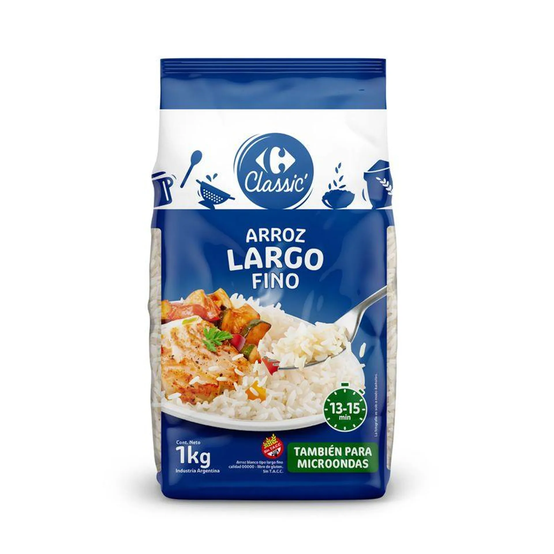 Arroz largo fino 00000 Carrefour Classic en bolsa 1 kg.