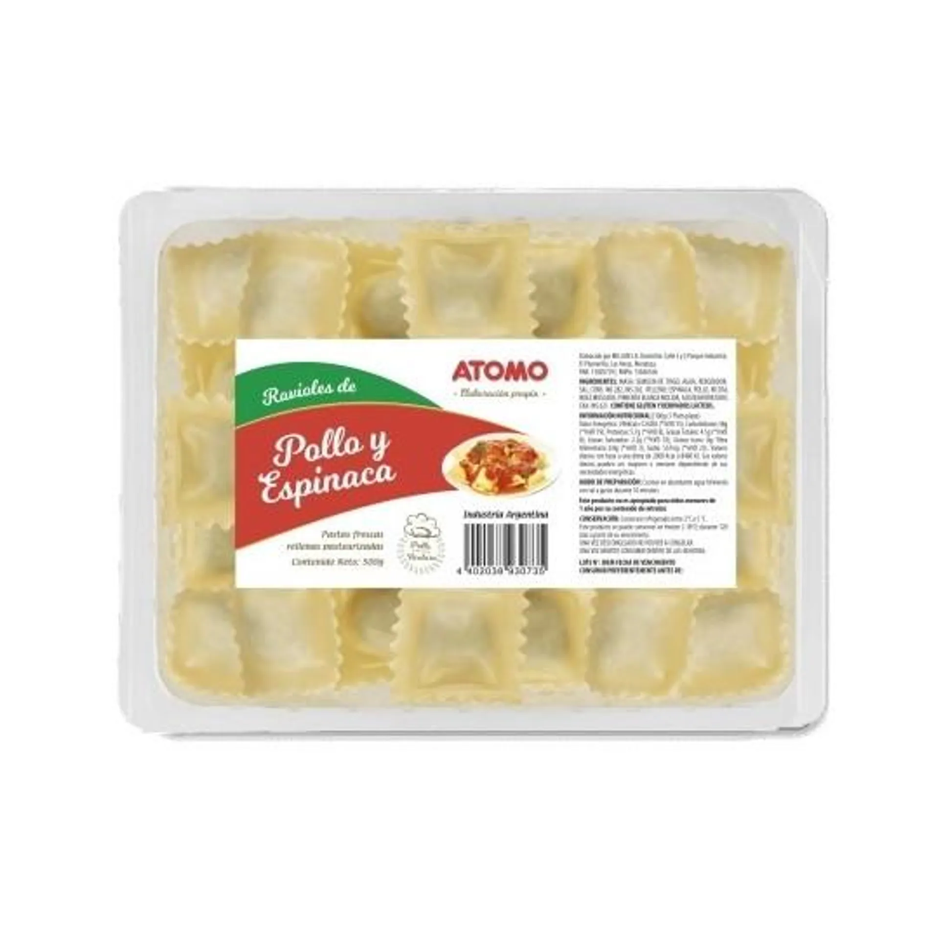 RAVIOLES ATOMO POLLO Y ESPINAC 500 GRS