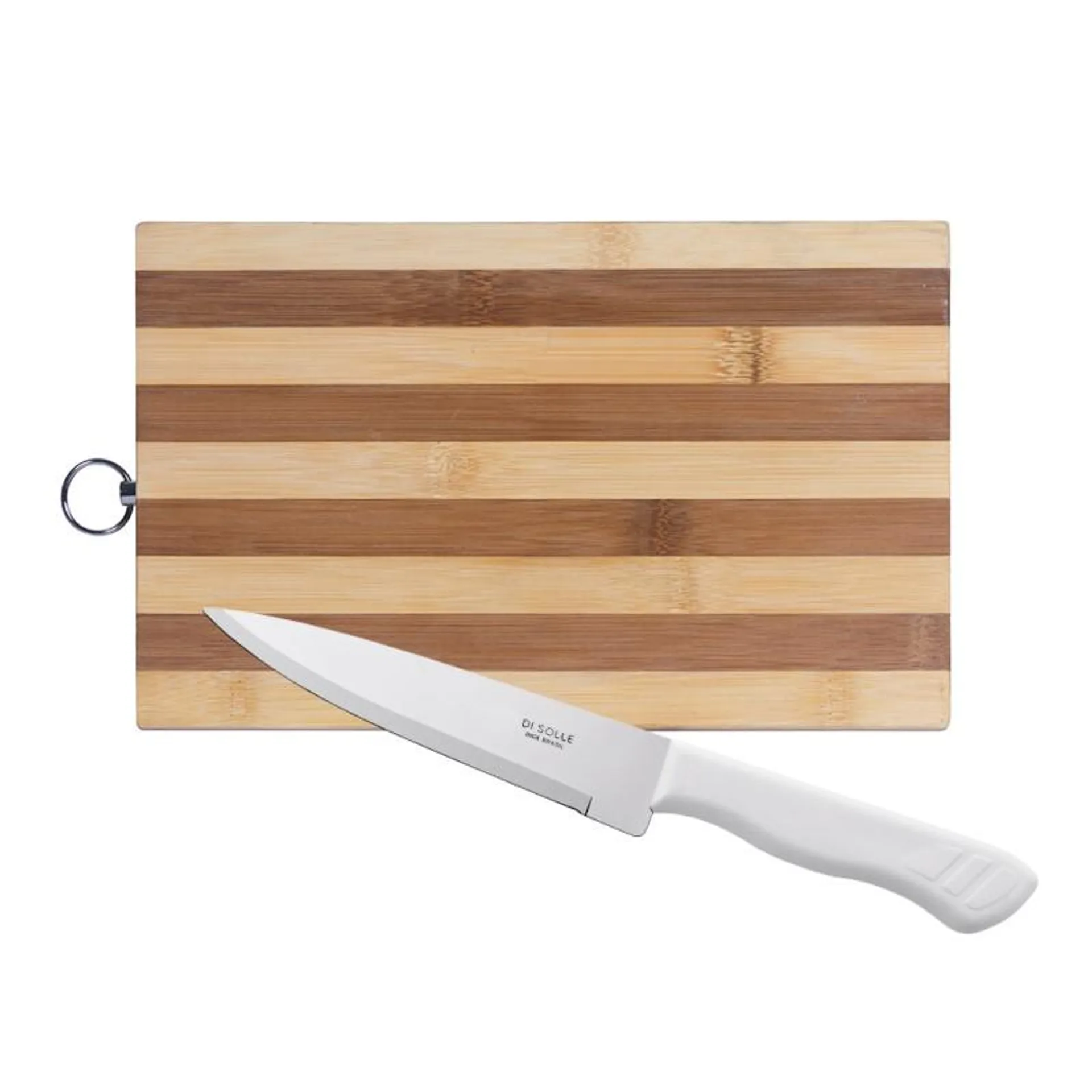 Set De Tabla De Madera De Bamboo 25X35x1.7 Cm + Cuchillo 15 Cm Cabo Plástico Blanco De Ac. Inox. -