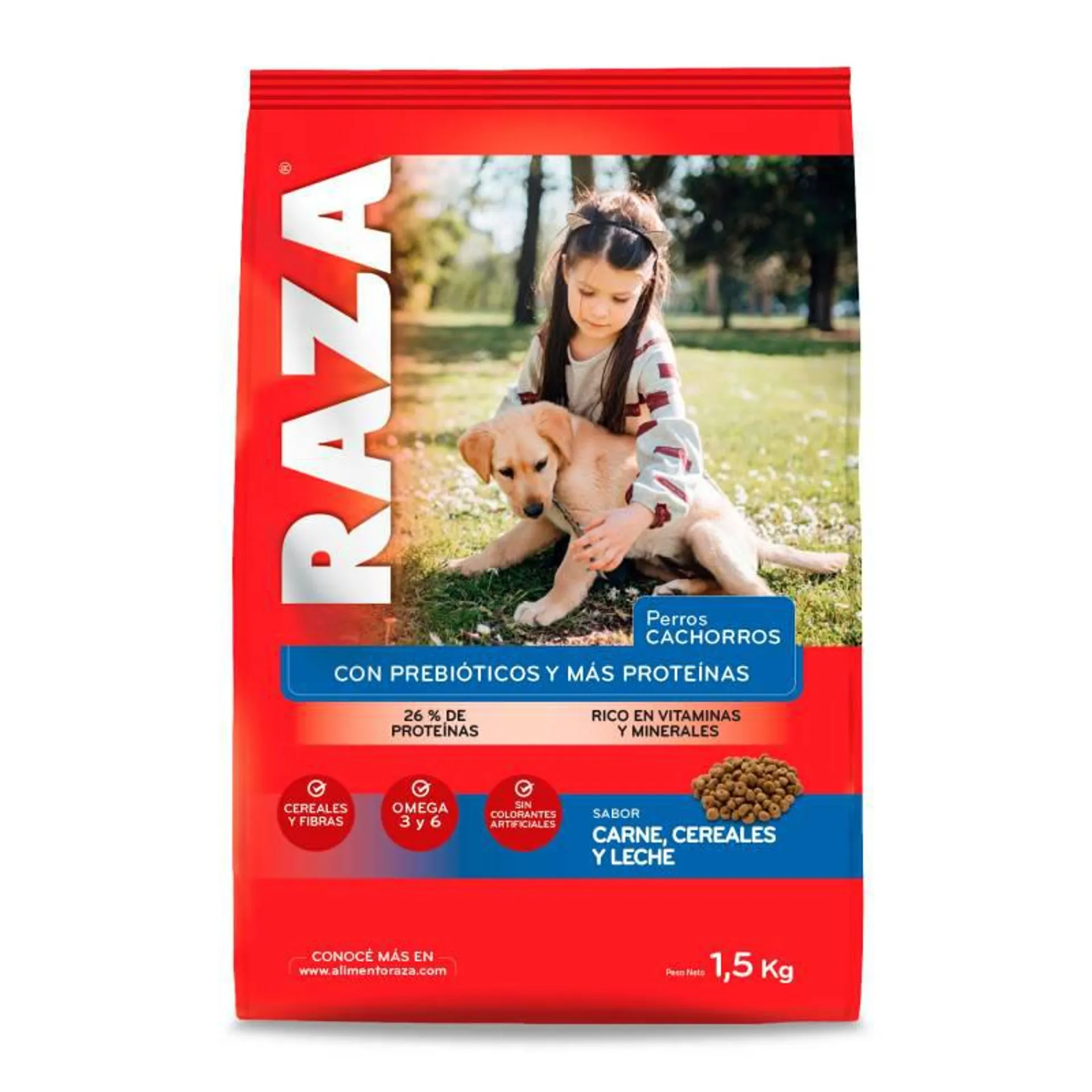 Alimento para Perros Cachorros Carne Cereales Leche Raza x 1,5 kg.