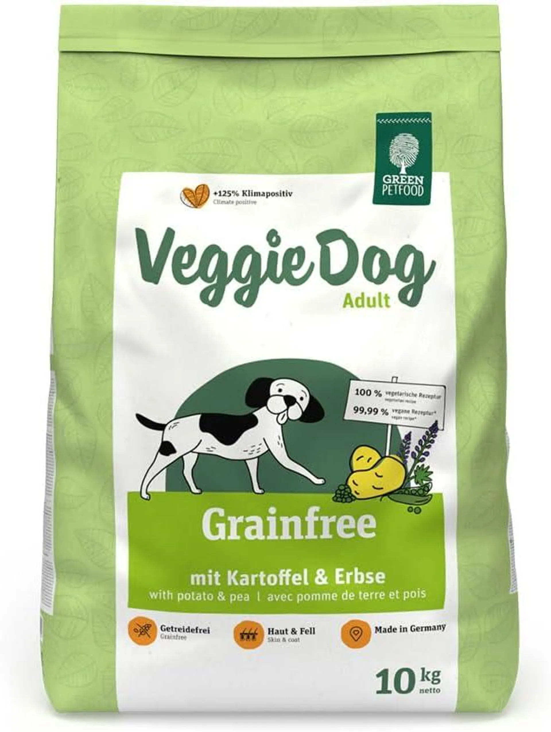 Green Petfood VeggieDog Grainfree (1 x 10 kg) | Adult | Premium Trockenfutter für ausgewachsene Sensible Hunde | vegetarisch mit Kartoffel & Erbse | weizenfrei | nachhaltiges Hundefutter | 1er Pack