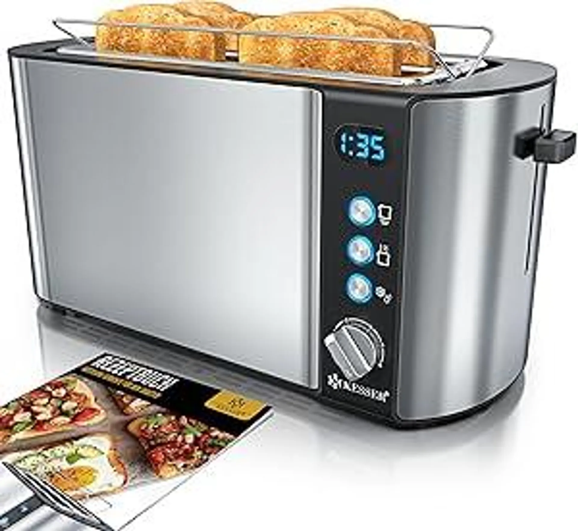 KESSER® Toaster mit Brötchenaufsatz, Automatik-Langschlitztoaster mit 6 Bräunungsstufen + Auftau- & Aufwärmefunktion, Abschaltautomatik, Liftfunktion, inkl. Krümelblech und Rezeptbuch Silber