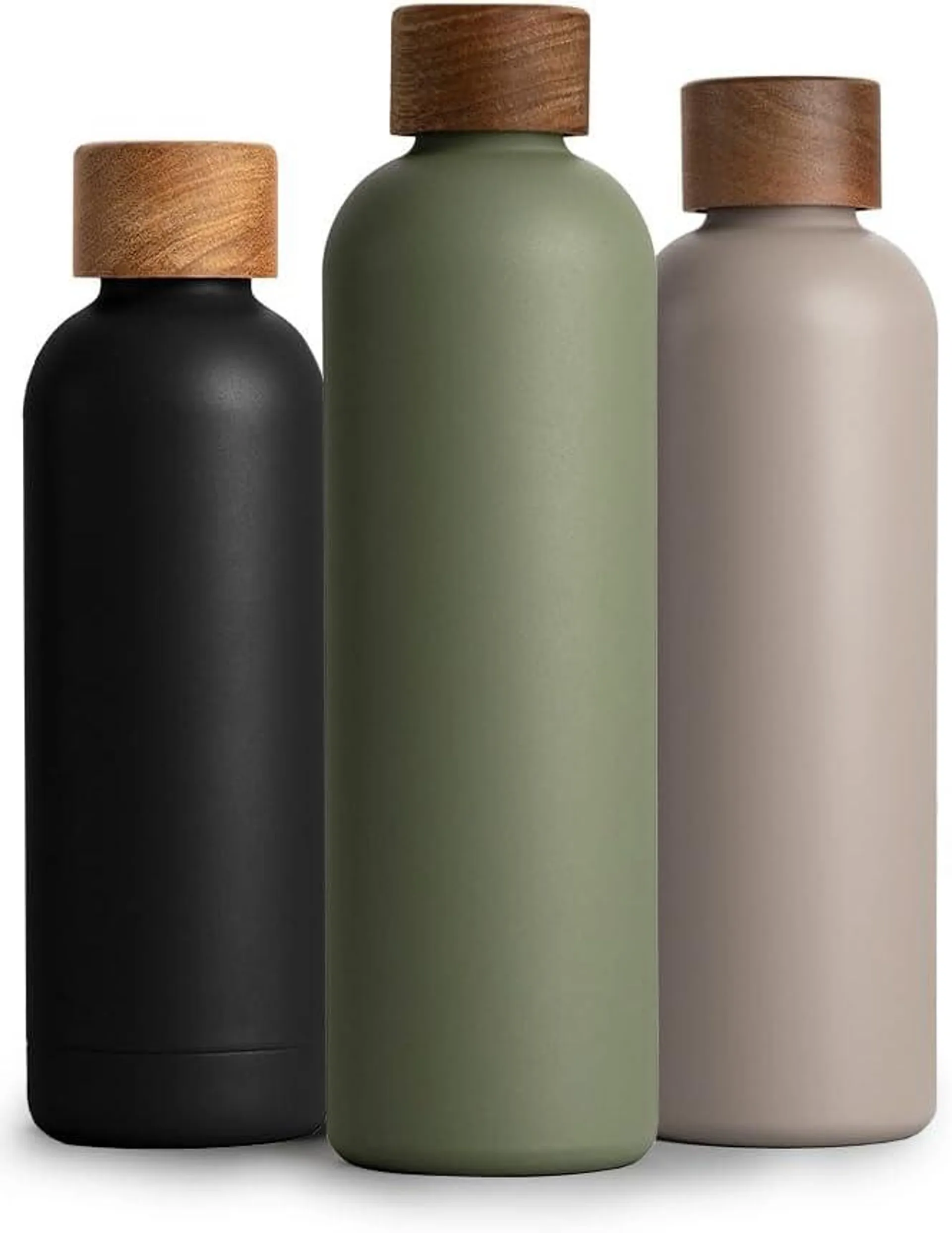 T&N Edelstahl Trinkflasche 1 Liter, Thermosflasche 1l mit Akazienholz Deckel, Isolierte Wasserflasche auslaufsicher bei Kohlensäure, Isolierflasche 1000ml - Olive Green