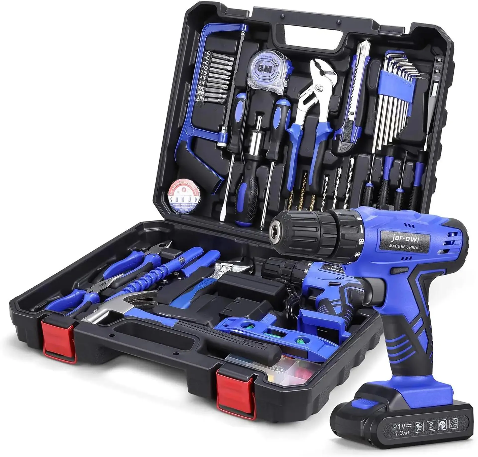 112 Piece Power Tool Combo Kits 21V Cordless Drill Professional Household Home Tool Kit Set with DIY Hand Tool Kits Blue