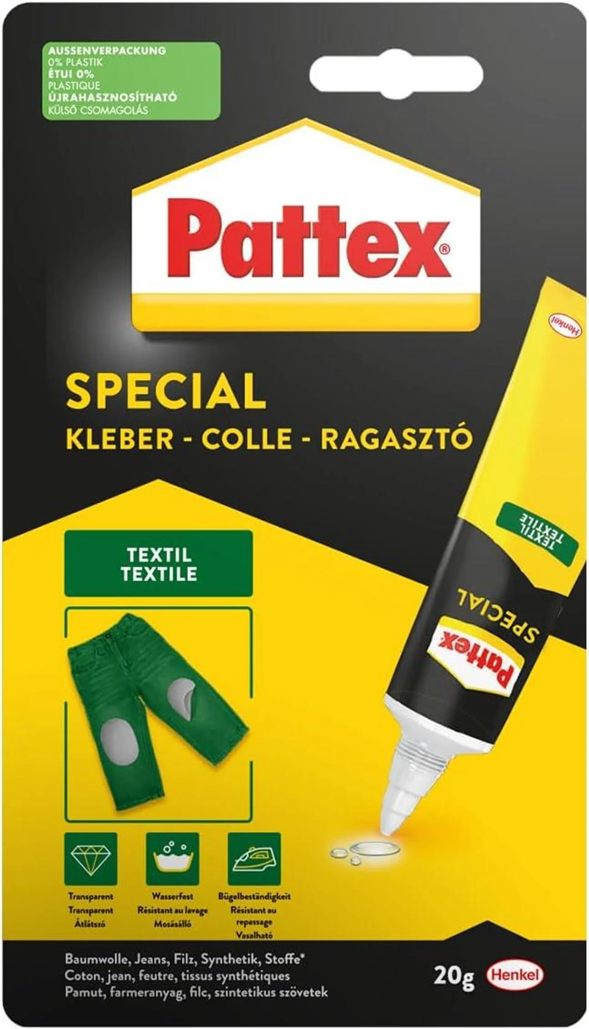 Pattex Spezialkleber Textil, wasch- und bügelbeständiger Textilkleber, Stoffkleber für Baumwolle, Leder, Jeans und mehr*, schnell trocknender Kleber, 20g