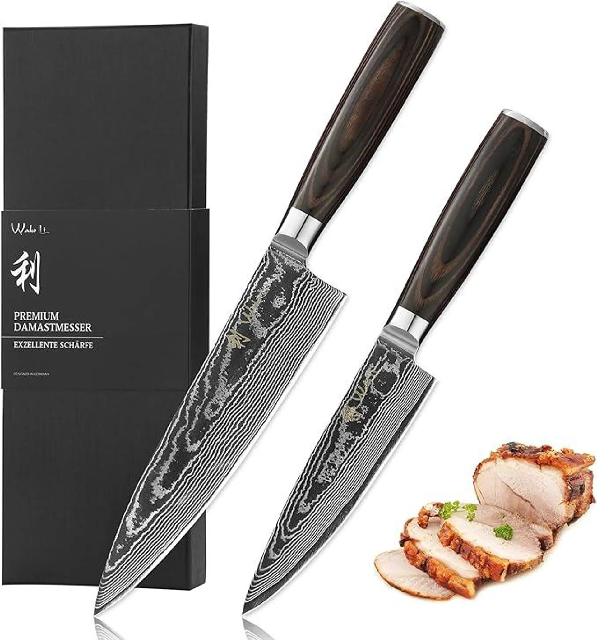 Wakoli EDIB Essentials 2er Set Damastmesser - 30 cm und 24 cm Profi Santoku Küchenmesser - 67 Lagen Damaststahl - Pakkaholzgriff - Inklusive Geschenkbox und Fingerschutz